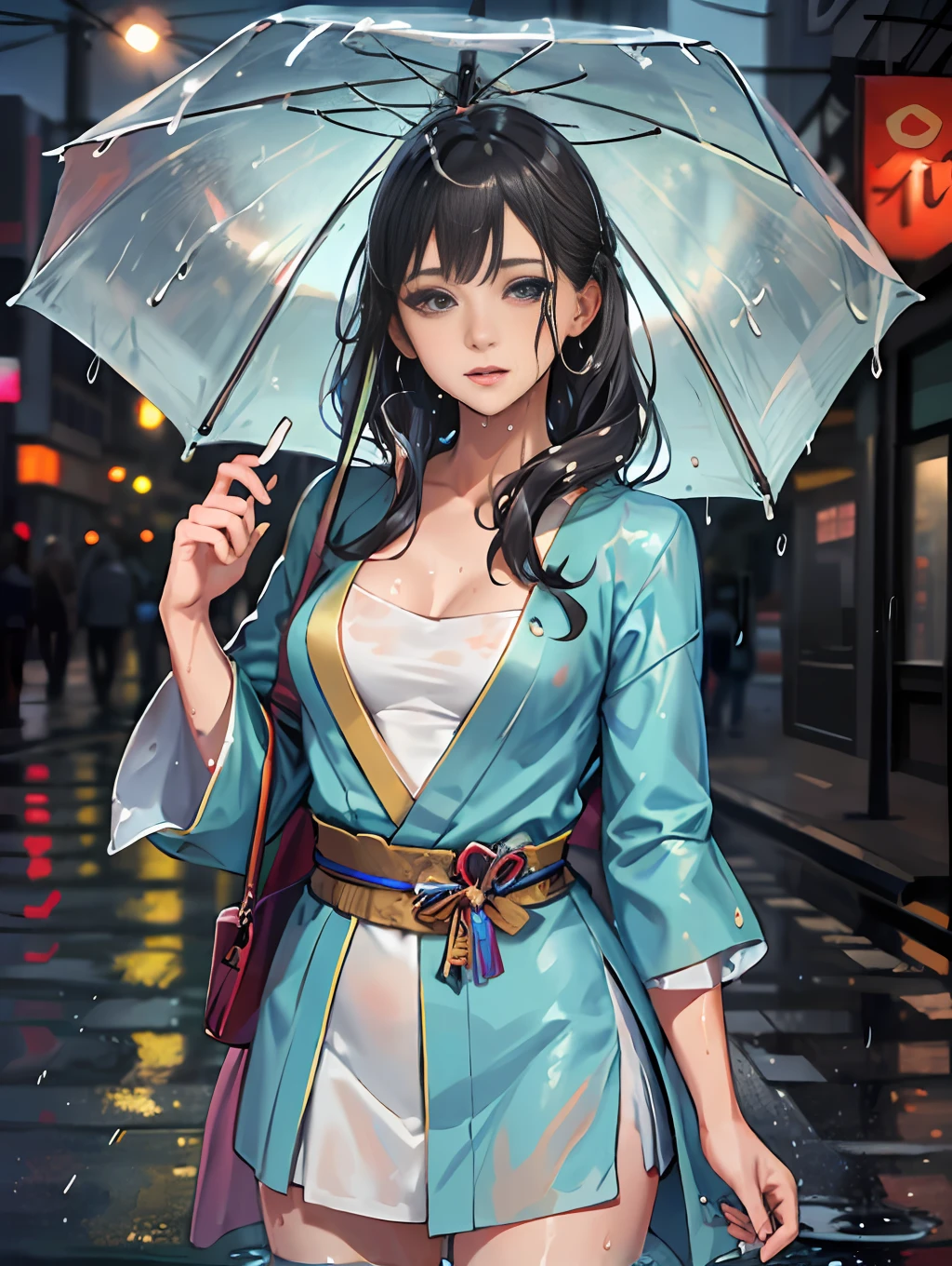 One woman, 8k, RAW photo, (highest quality, masterpiece, intricate detail: 1.4), (realistic, photorealistic: 1.3), photorealistic, Japan model, (rainy weather)), (standing on the street raining: 1.5), heavy rain, (full body soaking: 1.8), (light blouse)), (pale blouse), ( Blouse that gets wet from the rain and sticks to the skin: 1.5), (Blouse that gets wet from the rain and sticks to the skin: 1.5), (Beautiful woman like a Japan idol), 20 years old, (small face: 1.5), (sensual expression), light makeup, thin eyebrows, detailed and beautiful face, detailed eyes, (tear bags: 1.5), detailed fingers, detailed legs, detailed skin, medium breasts, (wet hair: 1.8), (wet bangs: 1.3), (wet skin: 1.8), (nipple protrusion visible through), shiny hair, shiny skin, ((wet and dripping hair: 1.3)), (wet and dripping skin: 1.3)