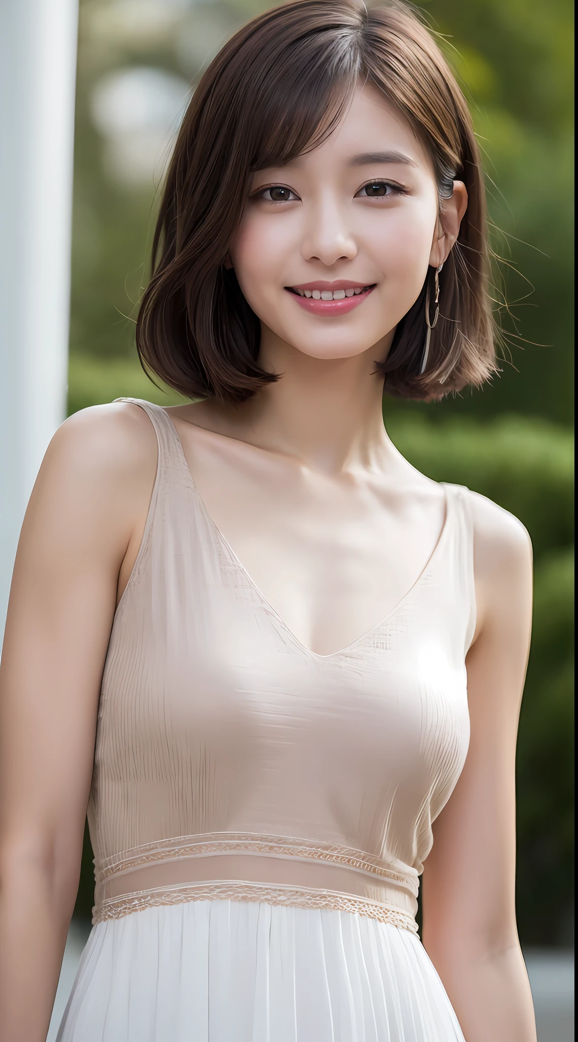 ((Best Quality, 8K, Masterpiece: 1.3)), 1 Girl, Slim Abs Beauty: 1.3, (Hairstyle Brown Hair Shortcut, Big: 1.2), Dress: 1.1, Super Slender Face, Delicate Eyes, Double Eyelids, Smile, Home, Raw Photo