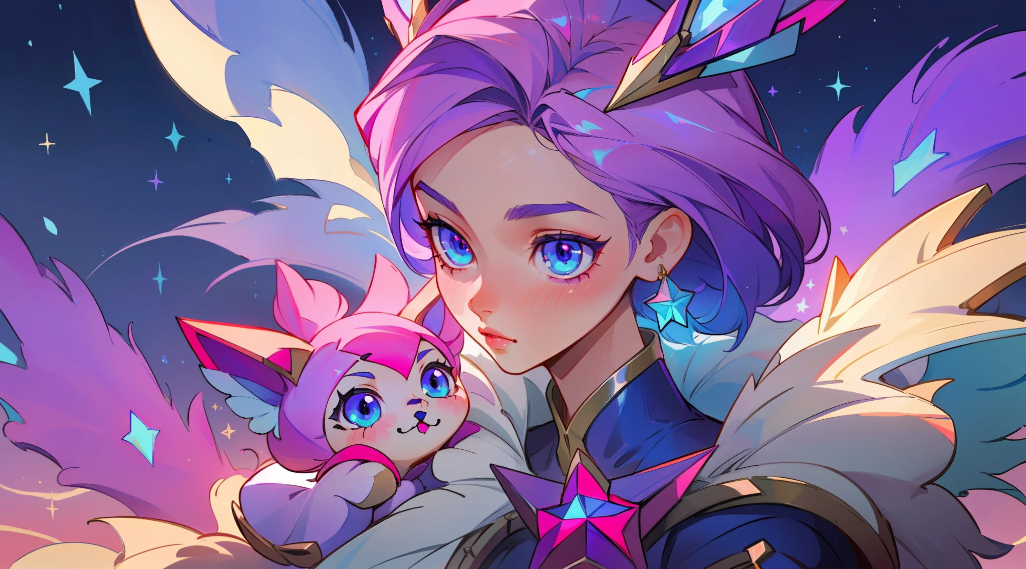 (masterpiece, best quality), intricate details, 8k, artstation, sharp focus, 1girl, star guardian, league of legends, (pink, purple, blue color theme)