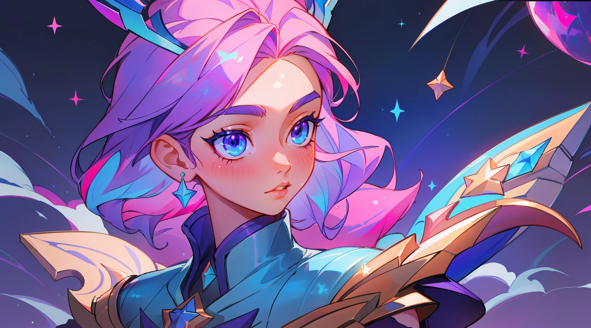 (masterpiece, best quality), intricate details, 8k, artstation, sharp focus, 1girl, star guardian, league of legends, (pink, purple, blue color theme)