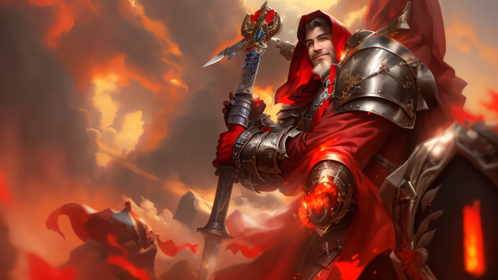 (masterpiece:1.1),(best quality:1.1),extremely detailed,(original design:1.1),(unique accessories:1.1),(medieval fantasy:1.1),professionally retouched,(close-up:1.1),portrait,midday,(male:1.1) knight,sword and shield,heavy armor,(holy:1.2),(divine:1.2),(old:1.3),smile,red cape,short grey hair,muscular,beard