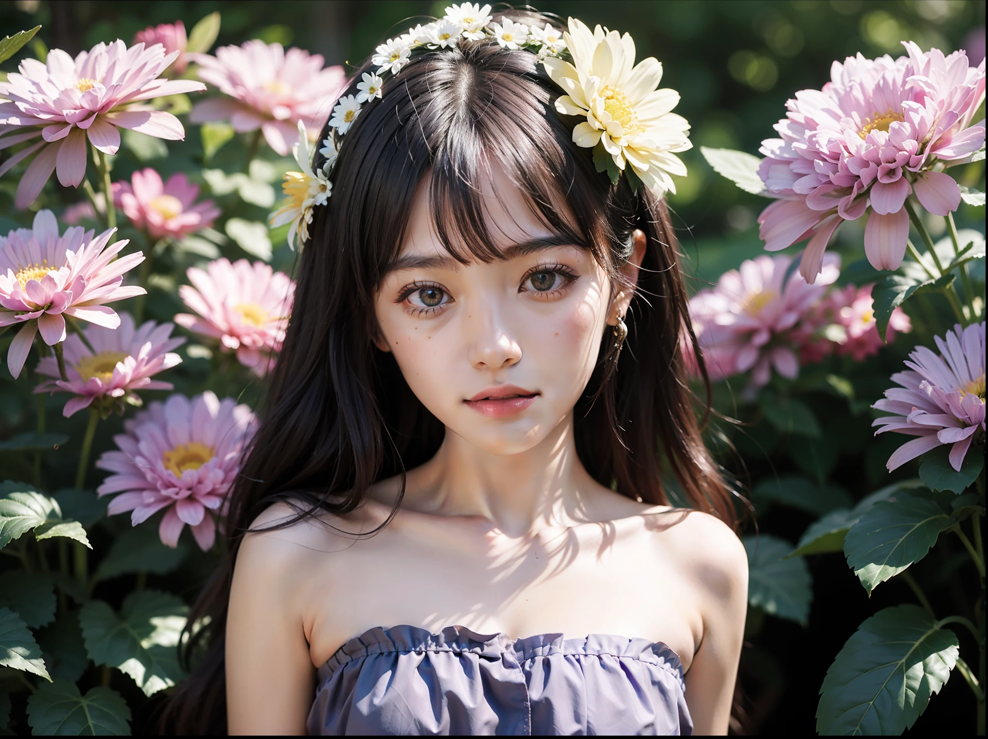 8k,Flower season girl(Ultra-fine skin,Ultra-fine eyes),flower sea,blue-sky,baiyun,Wear a pink bandeau dress,Bigchest,lavender,chrysanthemums,Head up,sunshine on face,Ultra-fine details