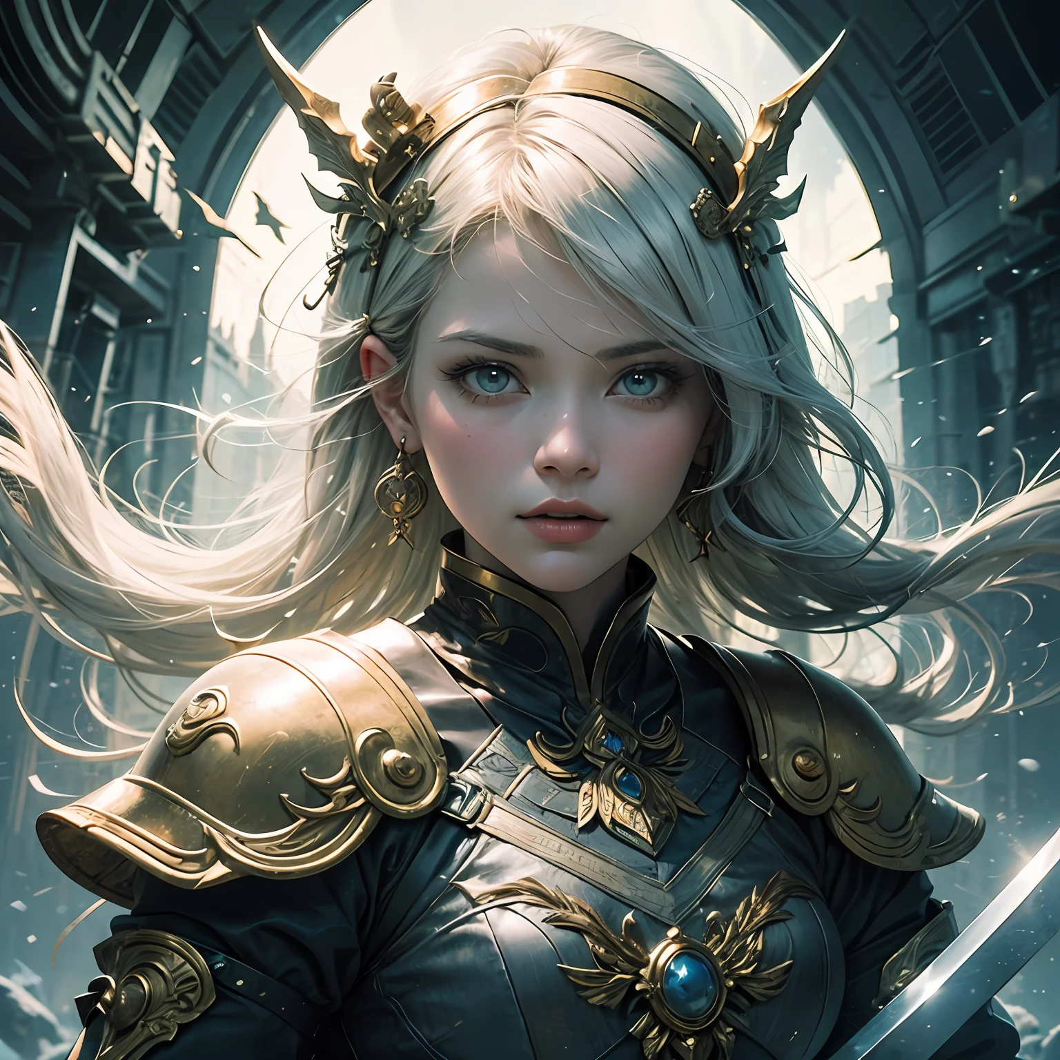 best qualtiy,GameCG,1girll,tmasterpiece,8K,detailed skin textures,Detailed cloth texture,beautifull detailed face,Complicated details,the ultra-detailed,(A half body:1.2),Golden pupils、superrealism、holy sword、White-colored skin,white color hair、left right symmetry,China-style,In the snow。 --auto