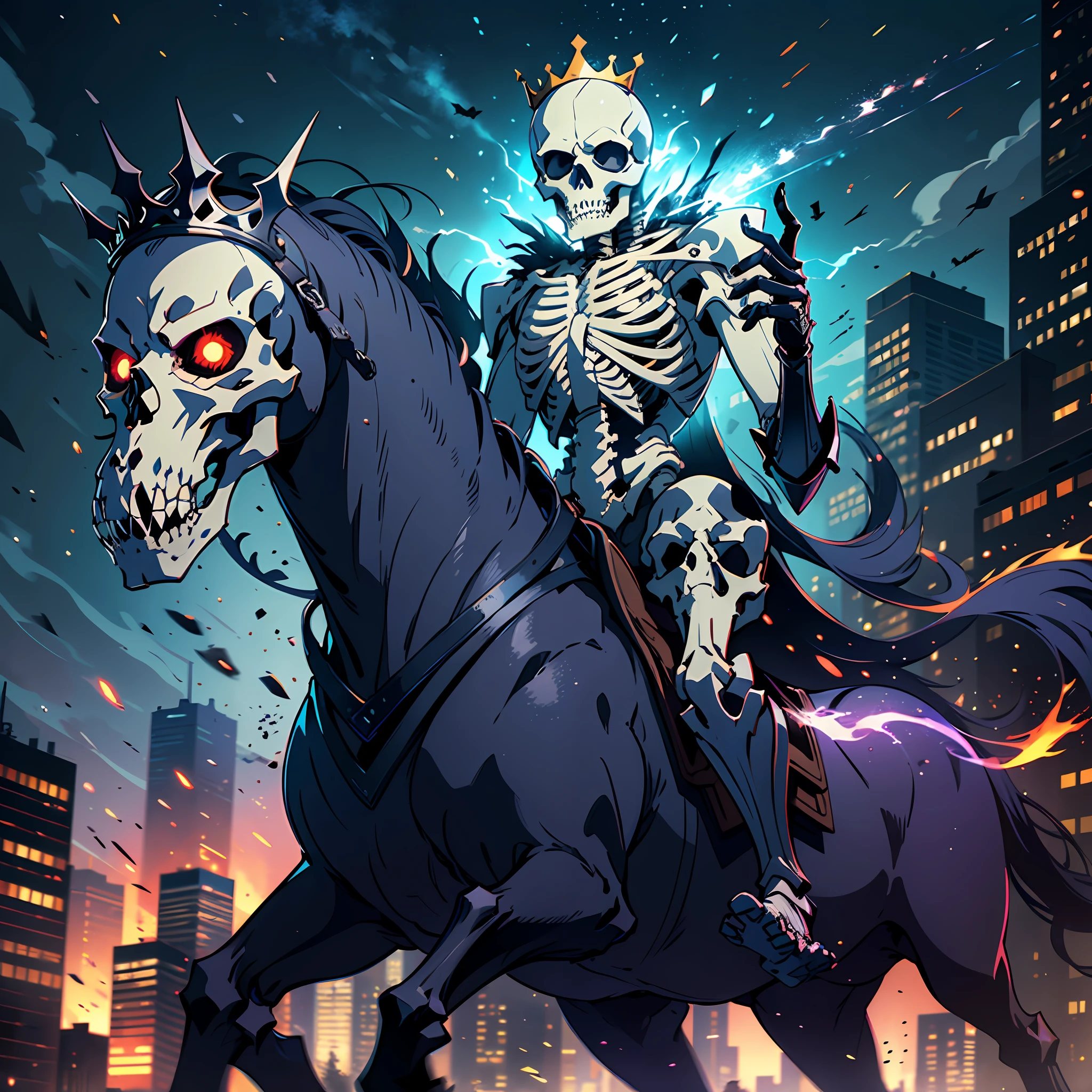 Anime humanoid monster,jet black armour,death knight,riding on a horse,king of the undead, skeleton,skull face,wearing a crown, cowboy shot, close up shot, creating a crack in reality, powerful aura, destroyed city,dark,night,8k,64k, HD, unparalleled masterpiece, dynamic lighting, cinematic, epic
