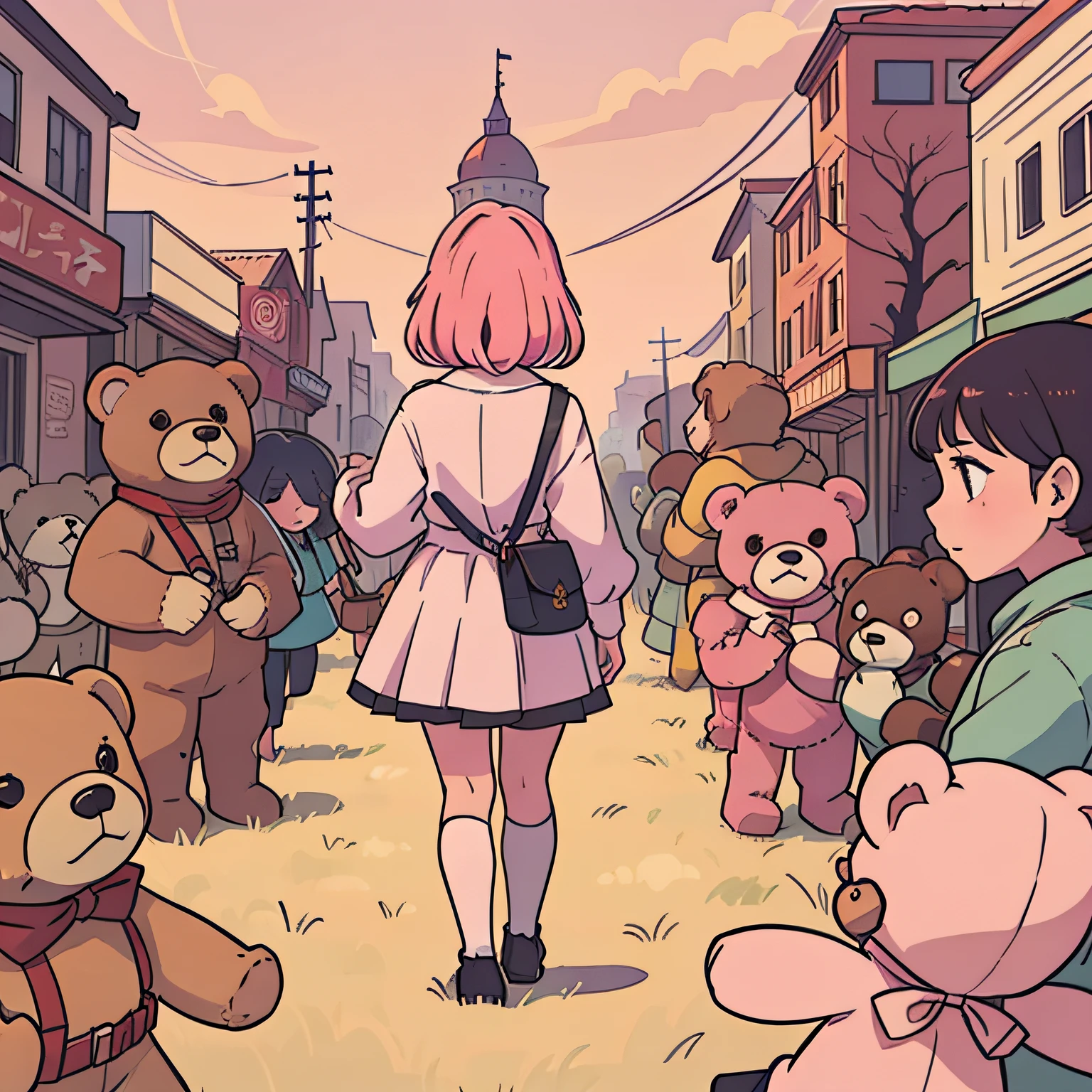 a girl with pink hair facing away from the camera as an army of teddybears surrounds her