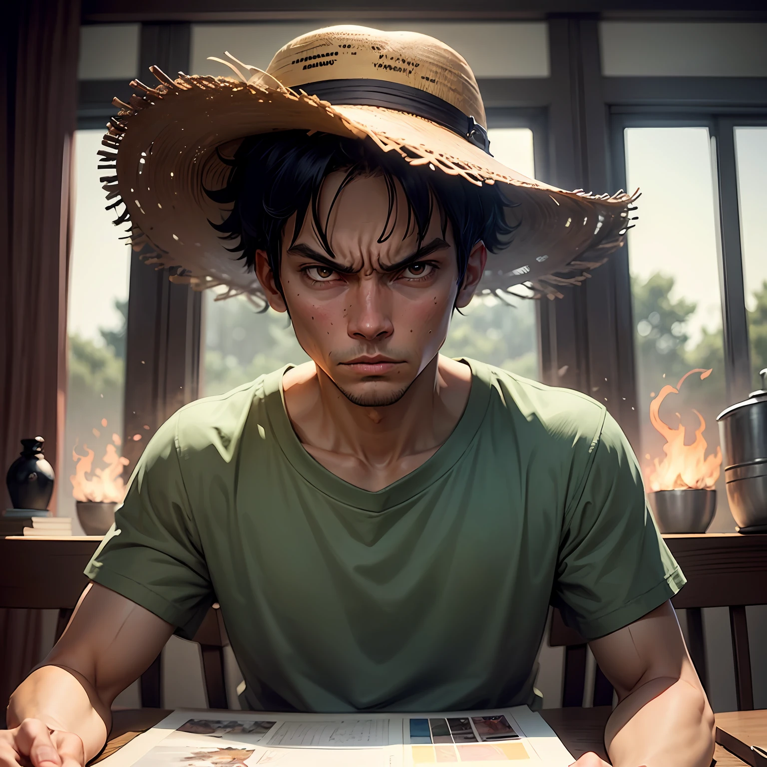 1boy, wanostyle, monkey d luffy, angry looking, straw hat, looking at viewer, solo, upper body, (((masterpiece))), ((best quality)), (extremely detailed), watercolor, illustration, depth of field, sketch, dark intense shadows, sharp focus, soft lighting, hdr, colorful, good composition, fire all around, spectacular, closed shirt, anime screencap --auto