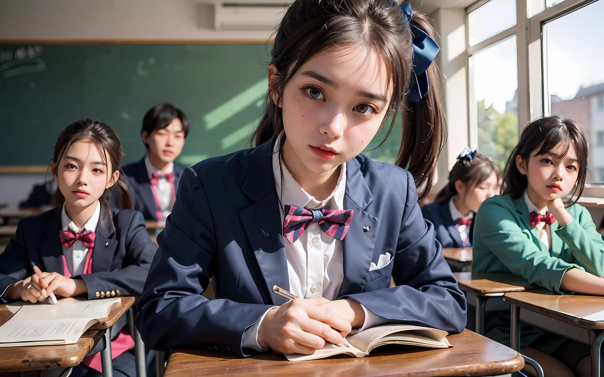 ((masterpiece))), (((finely best quality))), ((ultra-detailliert)), (A hyper-realistic), (High Definition CG Illustration), Cinematic Light, Hphotorealistic,Very beautiful 、((Multiple students in the background、In class))、((The upper part of the body))、((Good anatomy:1.2))、((Dark blue blazer:1.2))、((High school girl a lesson in a classroom:1.2))、((serious facial expression、Very red cheeks))、((dark brown hair、Ponytail hair))、Detailed eye、A detailed face、kawaii、Beautiful skins、((a bow tie))、Detailed fabric texture、(Japan Schools、Bright classroom、Multiple students、Random Face、blur backgroun)、Soft light、textbook、Don't expose it