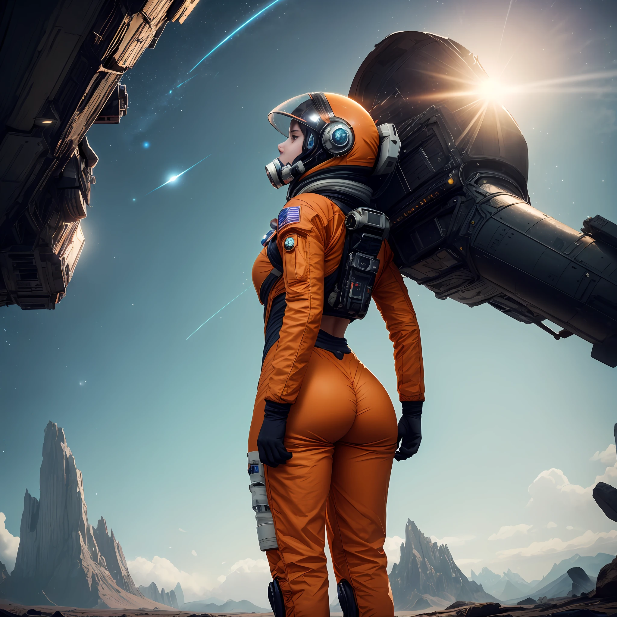 rear angle, Highly detailed RAW color Photo, Rear Angle, Full Body, of (female space soldier, wearing orange and white space suit, helmet, tined face shield, rebreather, accentuated booty), outdoors, (looking up at advanced alien structure, on alien planet), toned body, big butt, (sci-fi), (mountains:1.1), (lush green vegetation), (two moons in sky:0.8), (highly detailed, hyperdetailed, intricate), ((DAY TIME)), (lens flare:0.7), (bloom:0.7), particle effects, raytracing, cinematic lighting, shallow depth of field, photographed on a Sony a9 II, 50mm wide angle lens, sharp focus, cinematic film still from Gravity 2013, from behind --auto