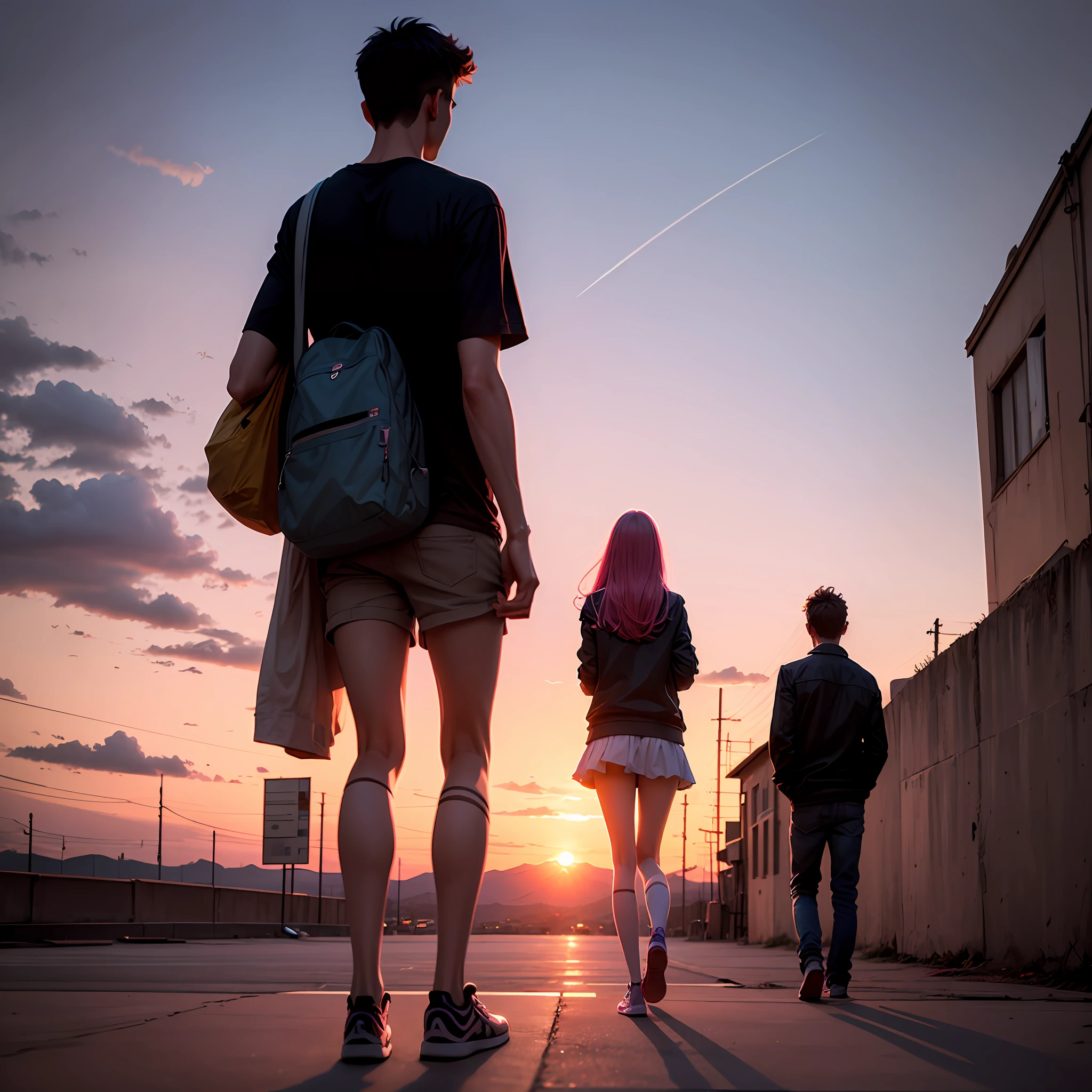 The teenager smoked,Under the pink sunset,Watch a young girl and a man go away
