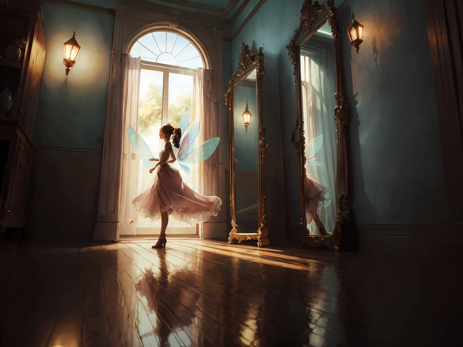 Fairy with face without organs in a closed room with only mirrors around, The fairy flies a few inches off the ground. hyper realistic the room has no windows, somente espelhos, The fairy is in the center, a fada olha pra frente, espelho de mao reflete um rosto,  Lighting comes from the top --auto