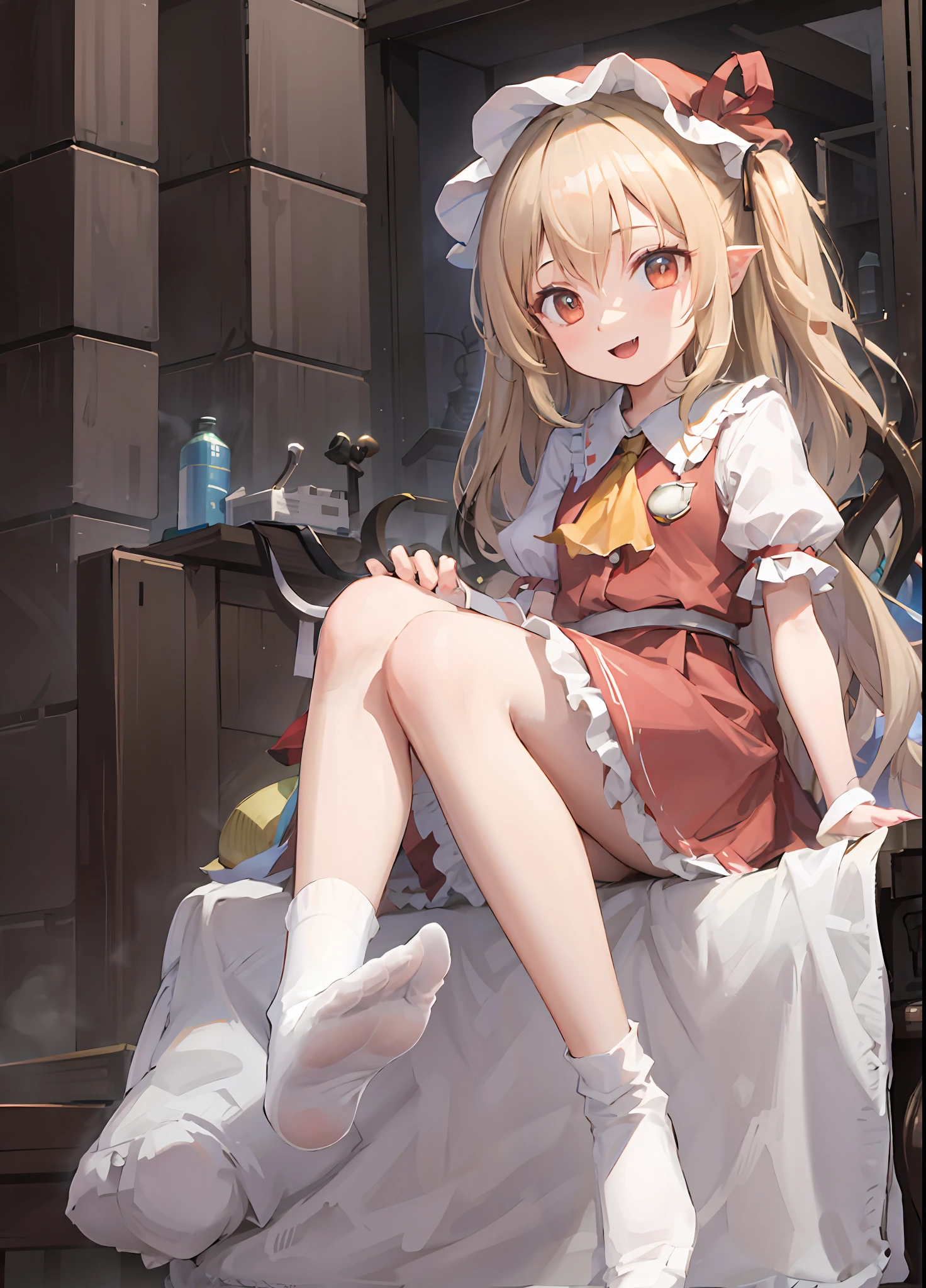 best qualityer， 超高分辨率， 1girll， 独奏， Flemish scarlet， White soft cap， Red Hat bow， blone hair， side ponytails， red eyes， shinning eyes， Fang， red tank top， short- sleeved， Fluffy sleeves， Yellow Ascot， Red frilled skirt， （Crystal wings：1.2）， bobby socks， Mary Janes， redfootwear， laughingly， （（Shy and cute smile））， looking at viewert， facingfront， The upper part of the body， sportrait，超高分辨率，Best quality white stockings，Lace socks，Burpee socks，over knee socks，Exudes a cute and shy atmosphere，4K