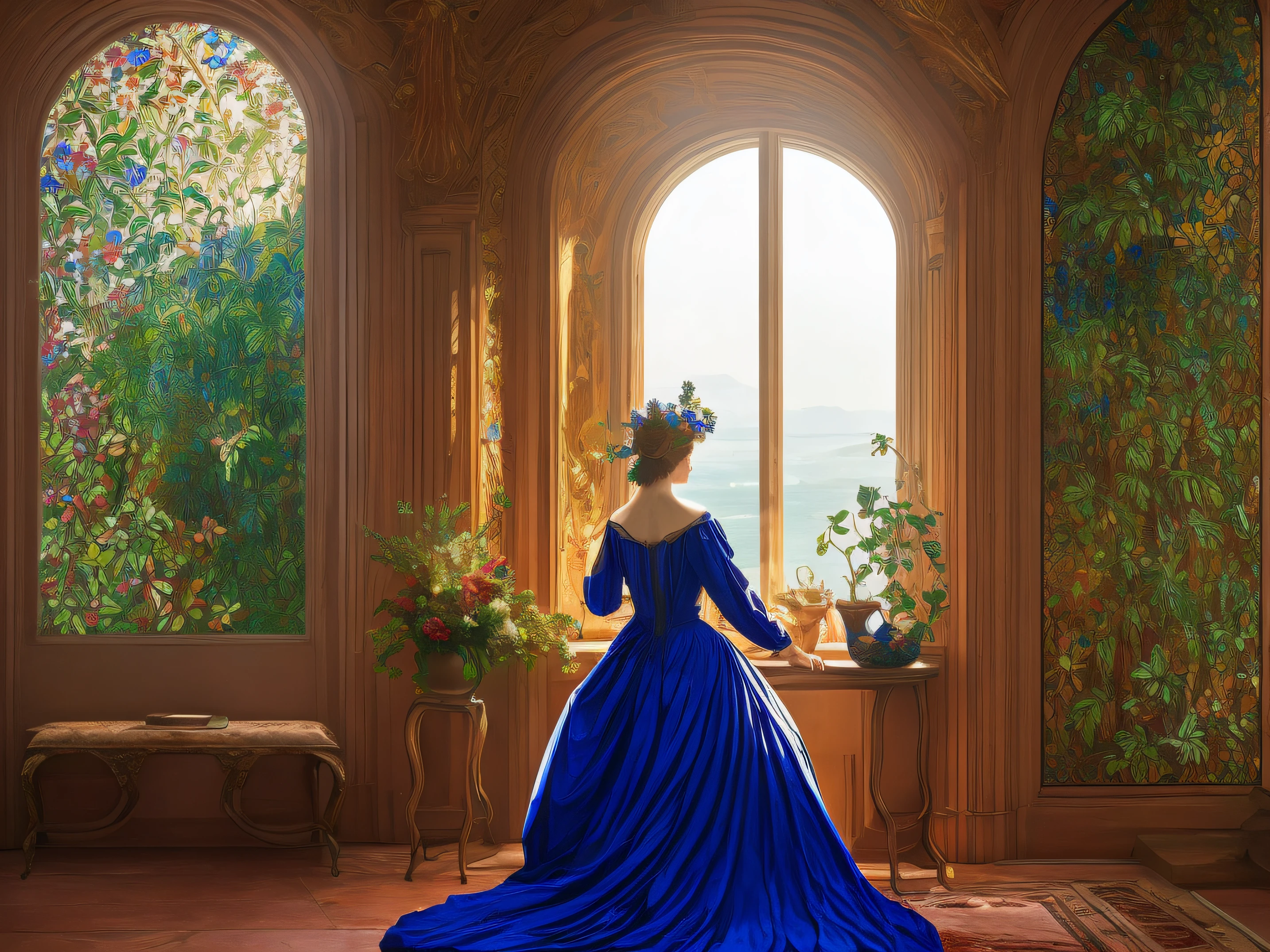 Autochrome in red and metallic blue, 2-point distance composition, illustration, Natural global lighting, illustration, 8K resolution, superdetallado, muebles marrones suaves en estilo de arte barroco, una gran ventana de estilo de arte tiffany louis comfort, superdetallado, una gran ventana de estilo de arte louis comfort tiffany, 8K resolution