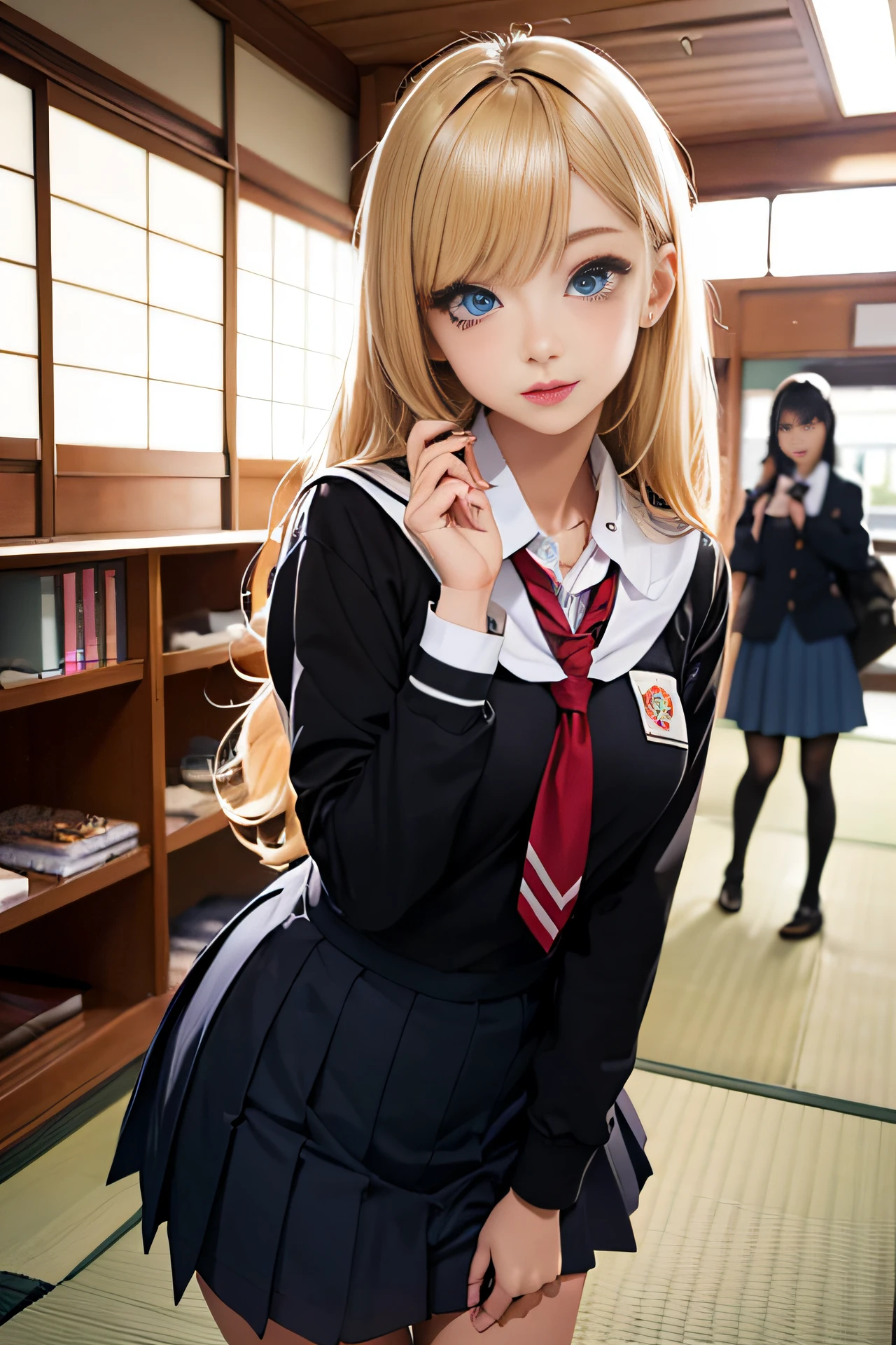 I'm taking pictures wearing my school uniform, (Japanese black gal makeup, a blond, Blue eyes, heavy make-up, heavy eye makeup, Eyelashes, Brown skin:1.3), a hyperrealistic schoolgirl, Japan school uniform, japanese girl school uniform, Cute Schoolgirl, Realistic Young Gravure Idol, wearing japanese school uniform, a hyperrealistic schoolgirl, High school girl posing black gal, shikamimi, Seifuku