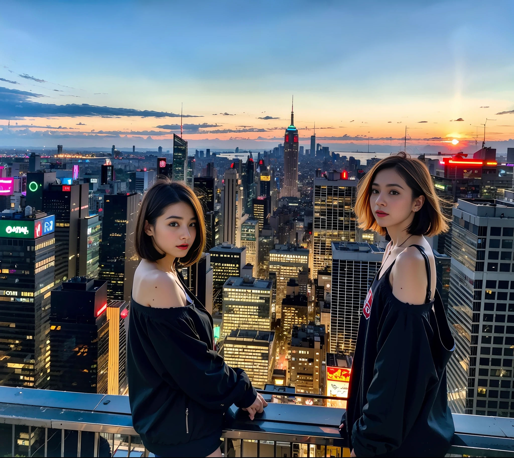 (​masterpiece), top-quality, 超A high resolution,teens girl, Cyberpunk Stunning cityscape,Japan girl standing on rooftop ,parka,Scorching sun, extra very short hair, off shoulders, feathers hair ornament, neon color, flushed, Stunning daytime sky, 电影灯光, Hphotorealistic, real looking skin, DDR,