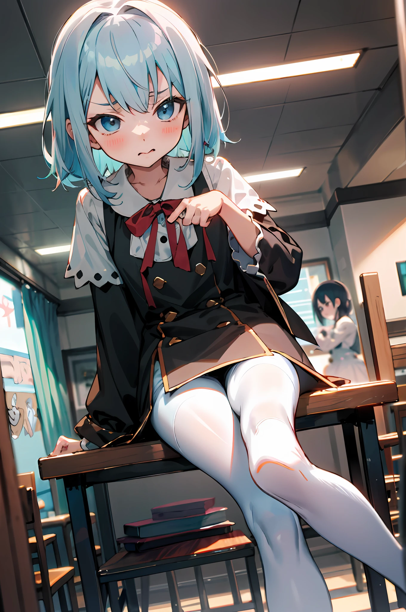An anime loli sits on a table in white tights and looks down in disgust，The perspective looks up from the foot