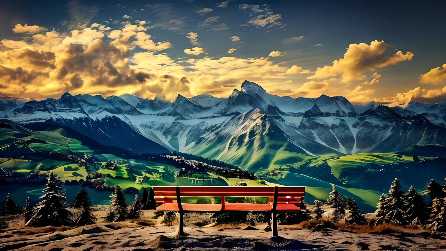 (Great view of the Alps),The Swiss valley stretches into the distance at the foot of the foot,Red parking bench on top of the hill,Surrounded by majestic peaks,Snowy in the distance,Beautiful at high resolution,Looking into the distance,A sense of beauty and tranquility。