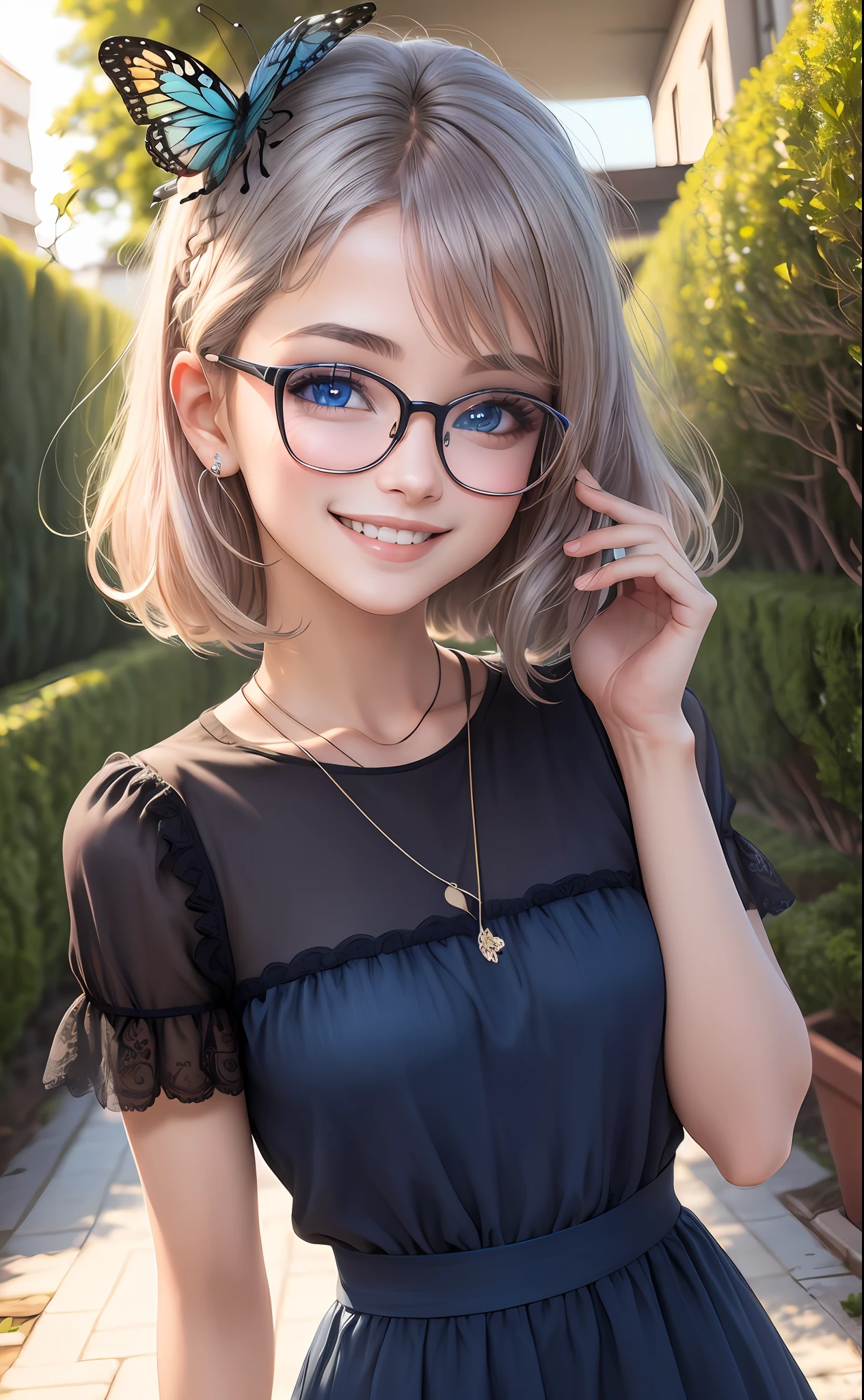(highres, High lighting, 4k), red rimmed glasses, rosto longo, 1girl, Negra, rosto, rosto detalhado, olho azul, jardim, cabelo muito curto encaracolado, She has a butterfly on her head, rosto fechado, sol no meio-dia, sorriso, :), olhando para o espectador, perto - intensidade acima, vestido azul, olhos meio fechados,