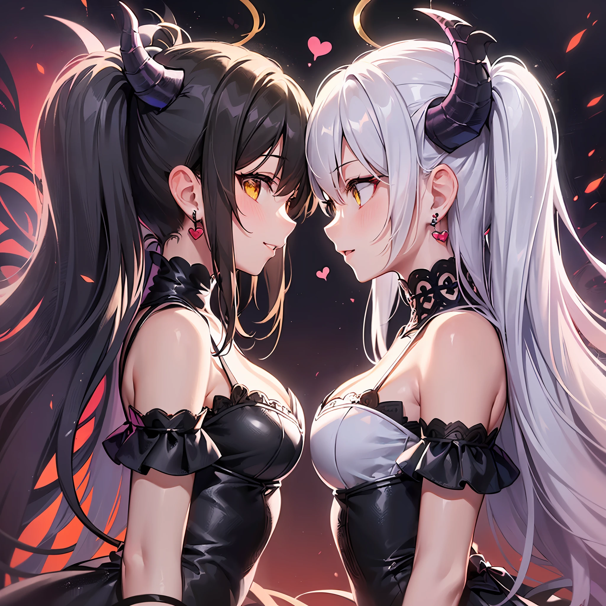 2girls, angel and devil, (angel, (long white hair, yellow eyes:1.2), (halo, angel wings:1.2), (white dress:1.2), shoujo kitou-chuu, expressionless:1.25), (demon girl, (black pigtail, red eyes:1.2), (black dress, heart cutout:1.2), heart earrings, (demon tail, demon horns, demon wings:1.2), seductive smile:1.25), (facing another:1.3), (about to kiss:1.3), cuddling, (profile:1.1), (night:1.1), (valentine:1.15),Two girls looking at each other, dutch angle, high contrast, masterpiece, best quality,