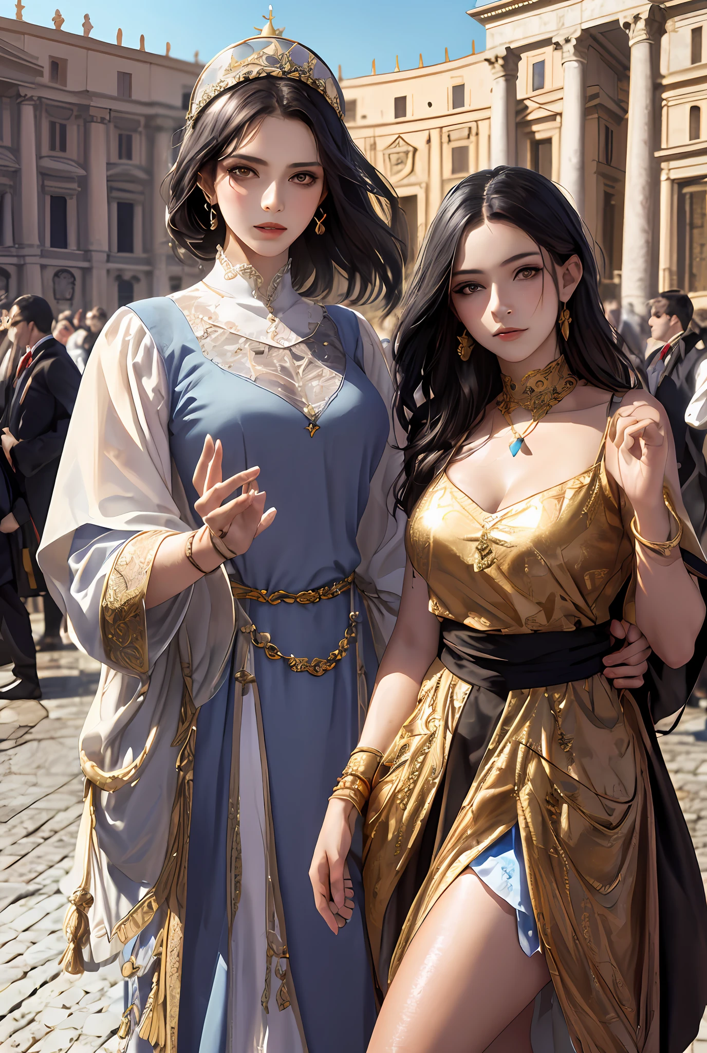 (巨作, Best quality, Realistic),
2girls,duo,(on the St. Peter's Square of Vatican,crowd of), sankta. Peter's Square of Vatican background,gypsy dress,(Princess Eyes,shiny pupils),Dancing,  Gold, banquet, crowd of, picking up skirt,
[Slight smile],