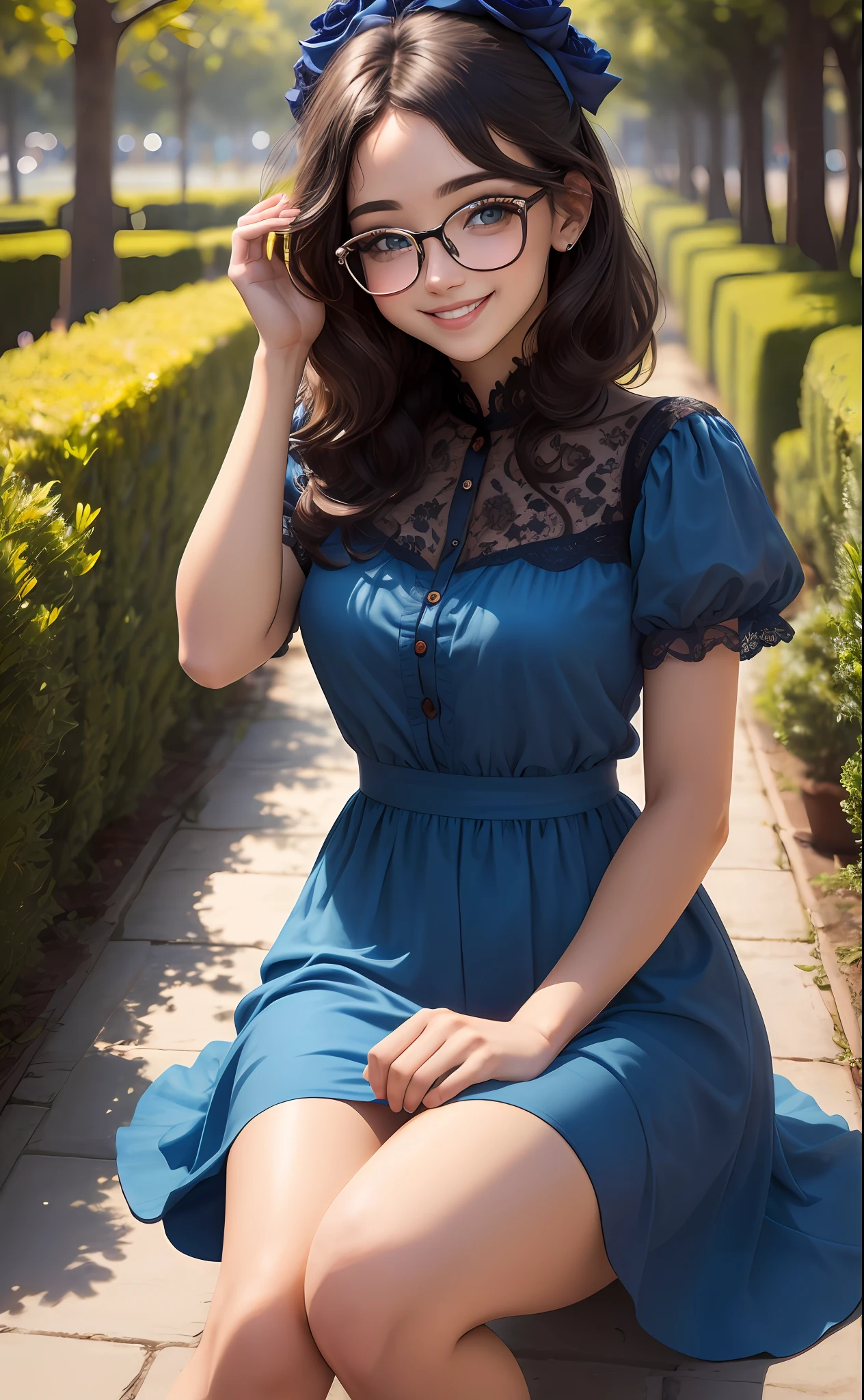 (highres, High lighting, 4k), red rimmed glasses, rosto longo, 1girl, Negra, rosto, rosto detalhado, olho azul, jardim, cabelo muito curto encaracolado, She has a butterfly on her head, rosto fechado, sol no meio-dia, sorriso, :), olhando para o espectador, perto - intensidade acima, vestido azul, olhos meio fechados,