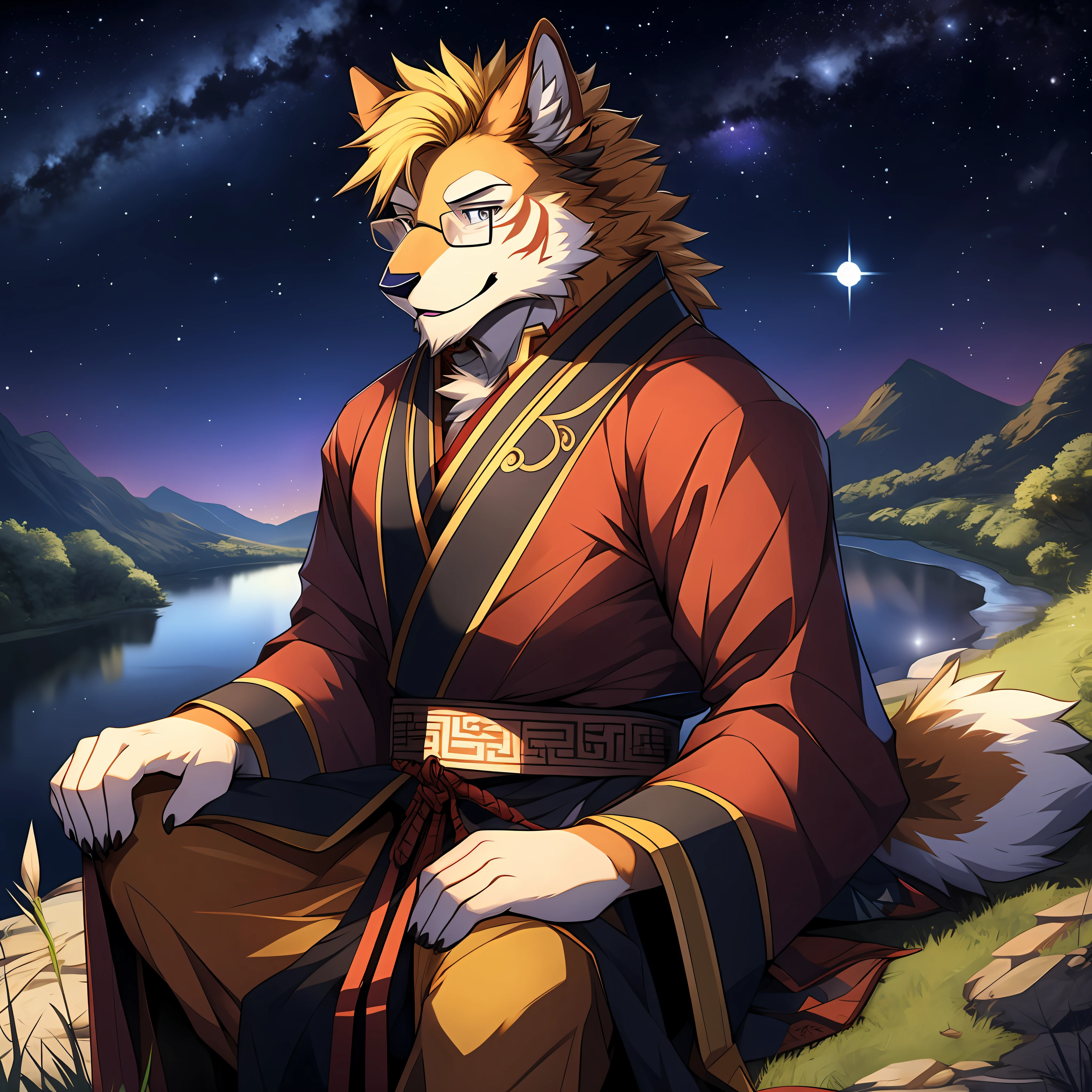 （A golden werewolf with golden hair and glasses sits on the grass under the stars：1.3），Look at the river of stars in the distance，the corners of your mouth rise slightly，He wore ancient Chinese costumes，is an astrologer，He is very fond of astrology，Has a deep love for the stars，He has several dark red stripes on his cheeks，extremy detailed，detailedbackground，Extremely beautiful starry sky background extremely detailed，starrysky，由Null-Ghost:0.7 brought，Handsome，Glamorous，