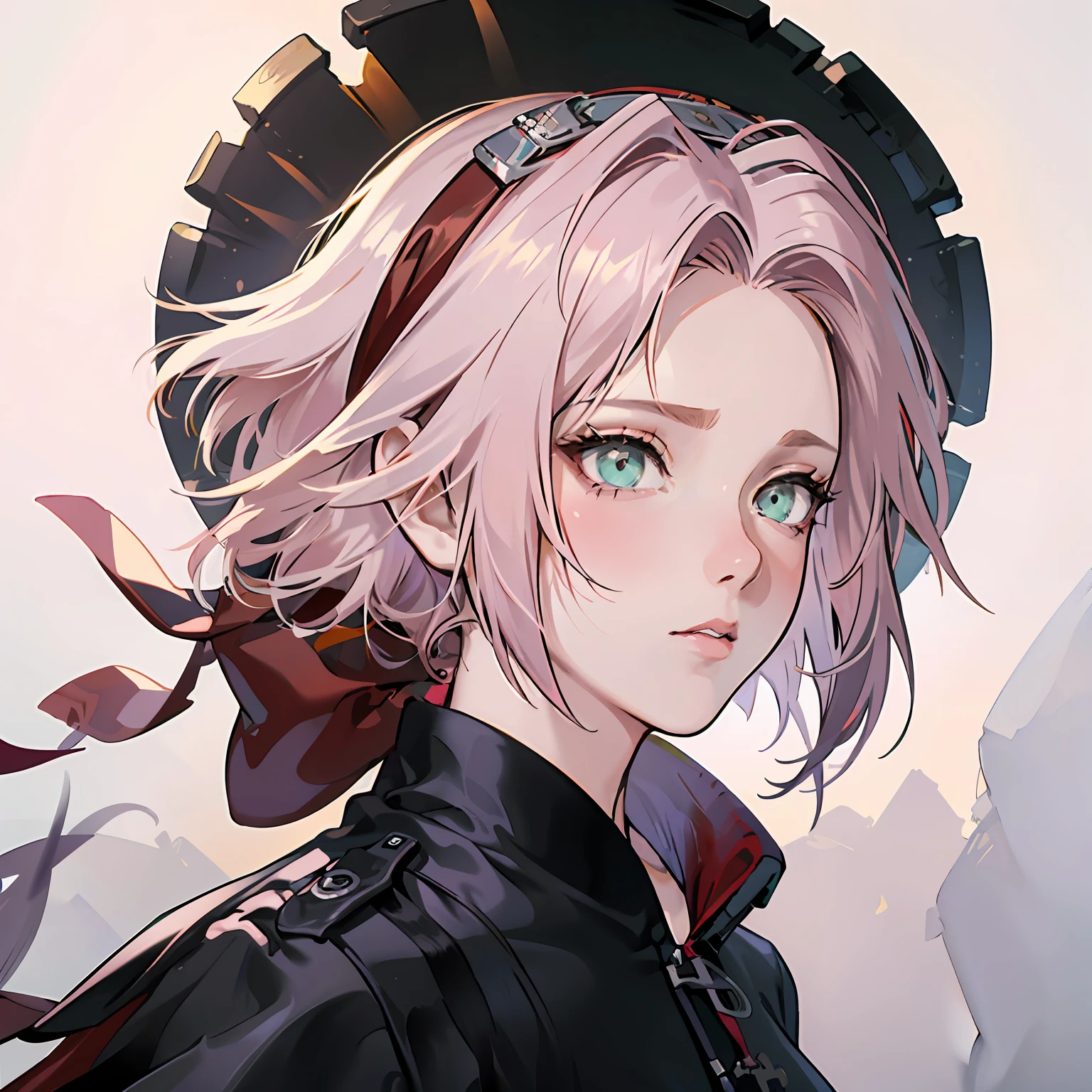 anime girl with pink hair and blue eyes wearing a black jacket, detailed portrait of an anime girl, a beautiful anime portrait, Stunning anime face portrait, Detailed digital anime art, Anime style portrait, Best anime 4k konachan wallpaper, portrait anime girl, Guviz-style artwork, Digital anime illustration, style of anime4 K, Anime girl portrait，The hat covers the headband，Some medium scenes