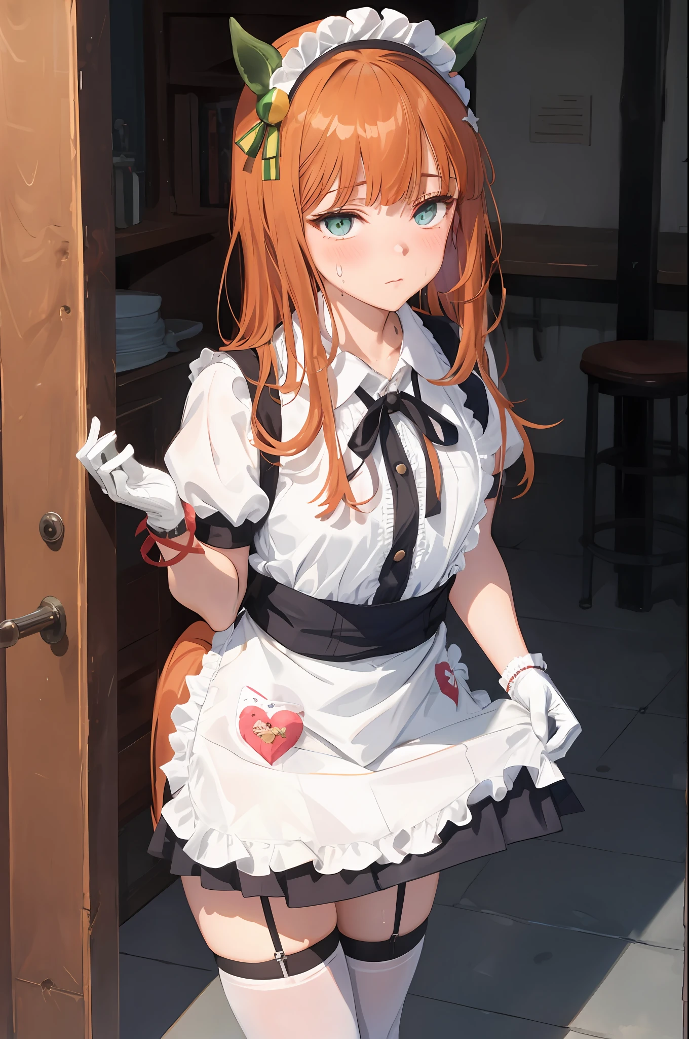 masterpiece, top quality, silence suzuka \(umamusume\), horse ears, small breasts, horse tail, Apron, Black Dress, Black Hair, Blushing,White Skin, Clothes Lift, Dress, Dress Lift, Frame to Foot, Garter Strap, Gloves, Lift Yourself, Short Sleeve, Watch Beholder, Maid, Maid Headdress, Neck Ribbon, Panties, Ribbon, Skirt Hold, Solo, Sweatdrops, Thighs, Undergarments, White Apron, White gloves, White panties, White very slim thighs