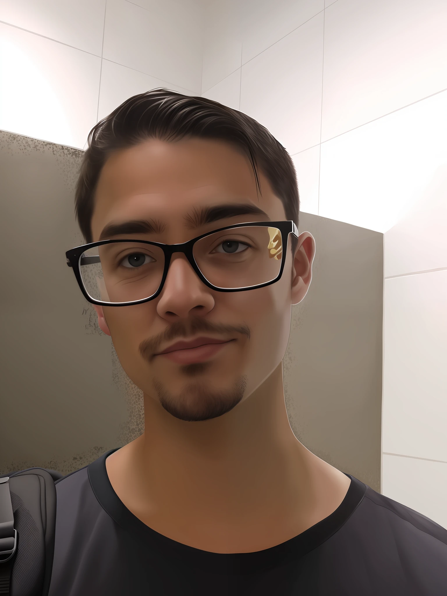 there is a man with glasses and a backpack in a bathroom, with nerdy glasses and goatee, anime, realistic animation style.
