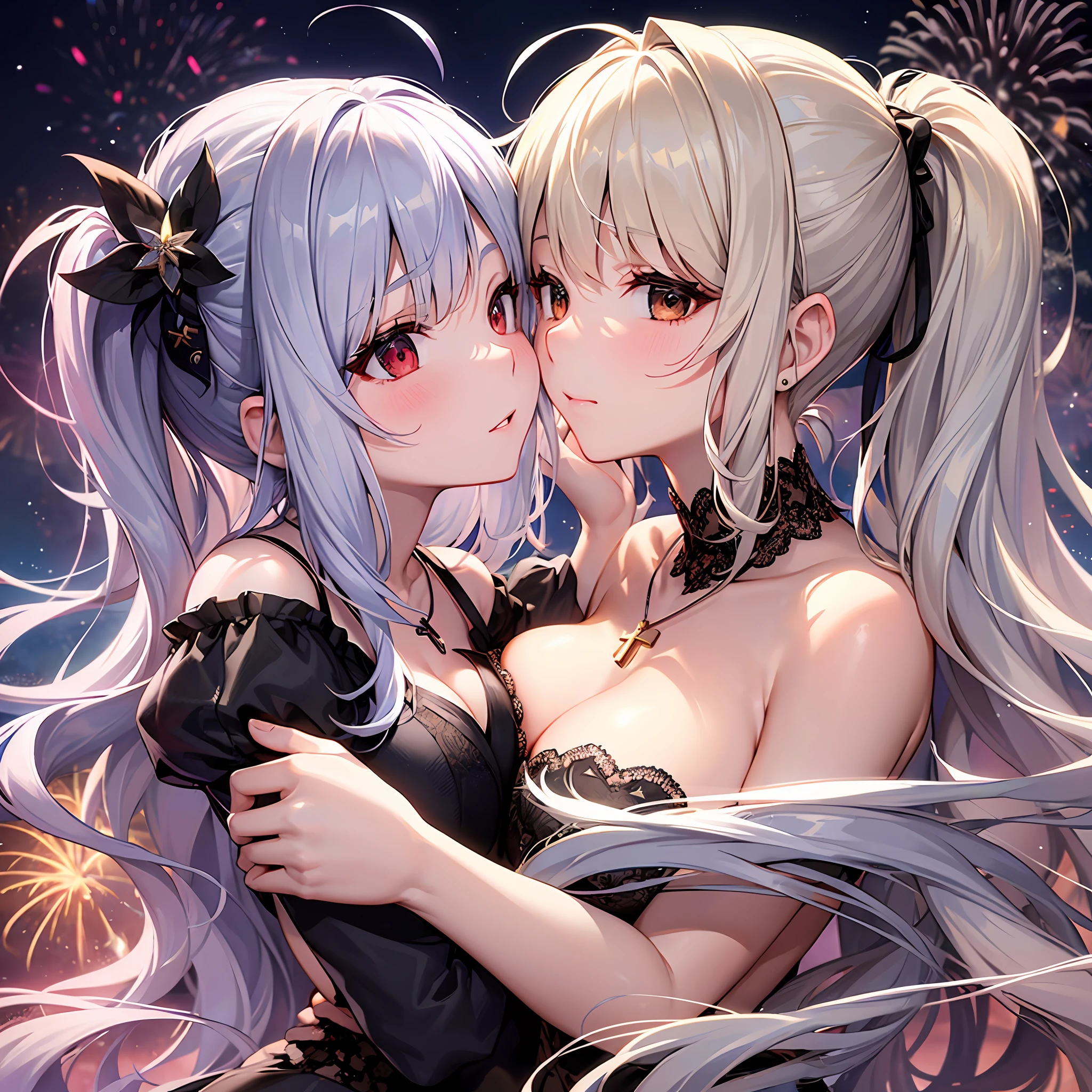 Masterpiece, best quality, (night),  (mountain top),(((Beautiful fireworks))) , highlight, wallpaper, ( 2 girls), angel and devil, alternating hair length, (blonde), (silver hair), cross bangs, ahoge, hime_cut, straight hair, curly_hair, double braid, high ponytail, hair over ???????, star hair ornament, crescent hair ornament, long eyelashes, light blush, Red Eyes, Black Eyes, Half-Closed Eyes, Eye Shadow, Alternating ?????? Size, Bouncing ???????, Dangling ???????, Dress, off_shoulder, Thighs, High Heels, Pendant, Cross Necklace, Smell, eye_contact, Hug, Grab Someone's Hair, (((Close Face))), ((Face to Face)), ((Kissing Soon)), ((Moon Close-up)), Two Girls Looking at Each Other, ((Side Face))), Vista, Depth of Field, Full Body Shot