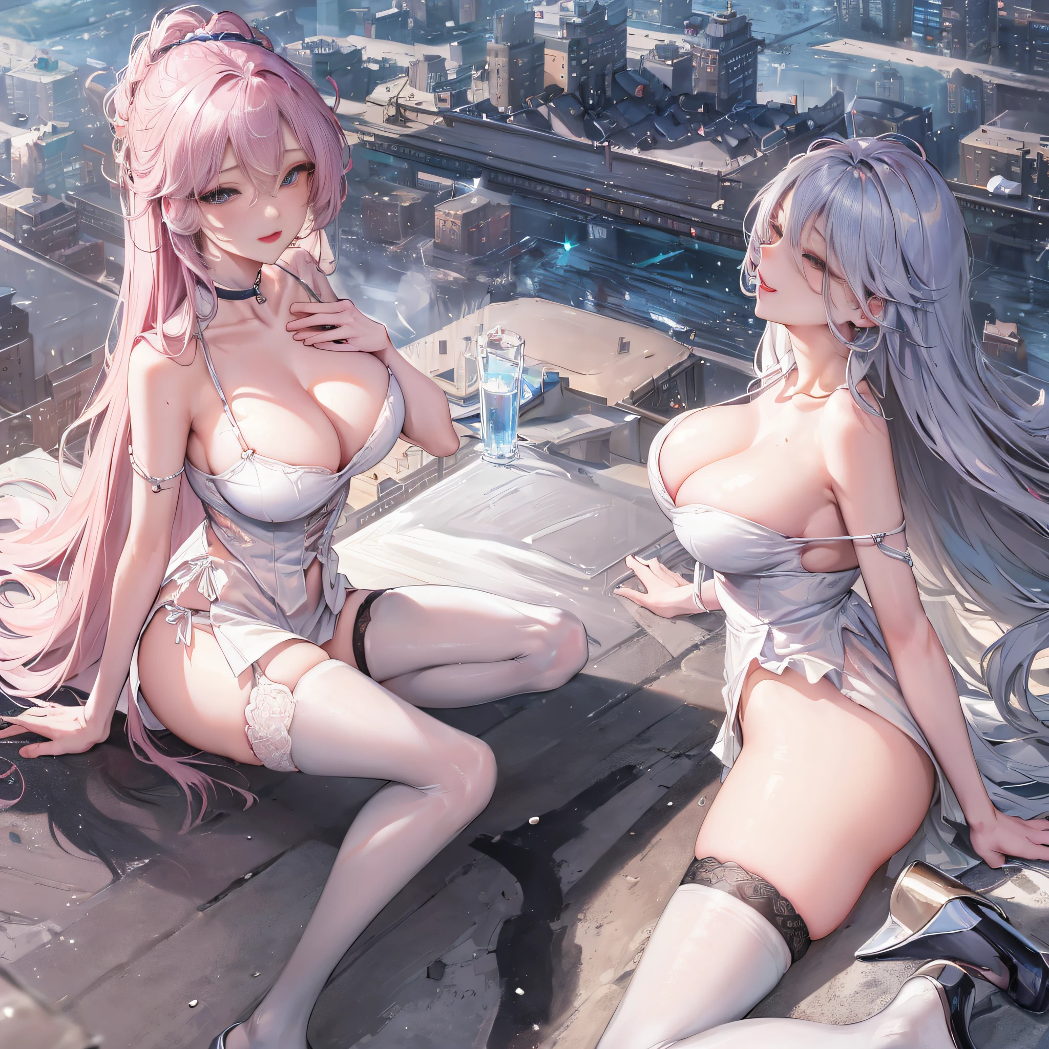 Official fine art,tmasterpiece,Sharp focus,(Beautiful gorgeous lovely Korean women:1.3),(beautiful lovely Korean people:1.3),(Sexy busty Korean:1.3),South Korean beauties,Delicate and beautiful hair and eyes and face,realisticlying,ultra - detailed,a beauty girl,blue-sky,Glowing white particles,(sidelighting:1.2),rays of sunshine,baiyun,Detailed clouds,Slender,Cute big breasts and big buttocks,Toothy laughter,((Laugh and open your eyes)),scenecy,Long straight hair, sexy facial expression, buliding, (cityscape:1.7), Dynamic hair, Long straight hair, Delicate platinum-pink hair, glow blue eyes, (blue pleated shirt+white skirt),Black suspender stockings, paleskin, hair adornments, epic landscapes,