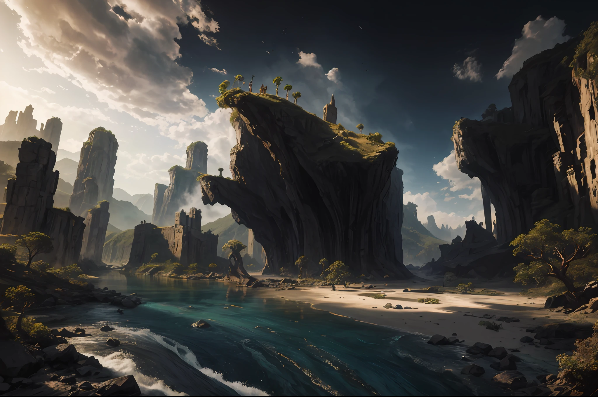 (Realistis:1.4)There is a painting,There is a river inside, 4k highly detailed digital art, An epic of an island,
