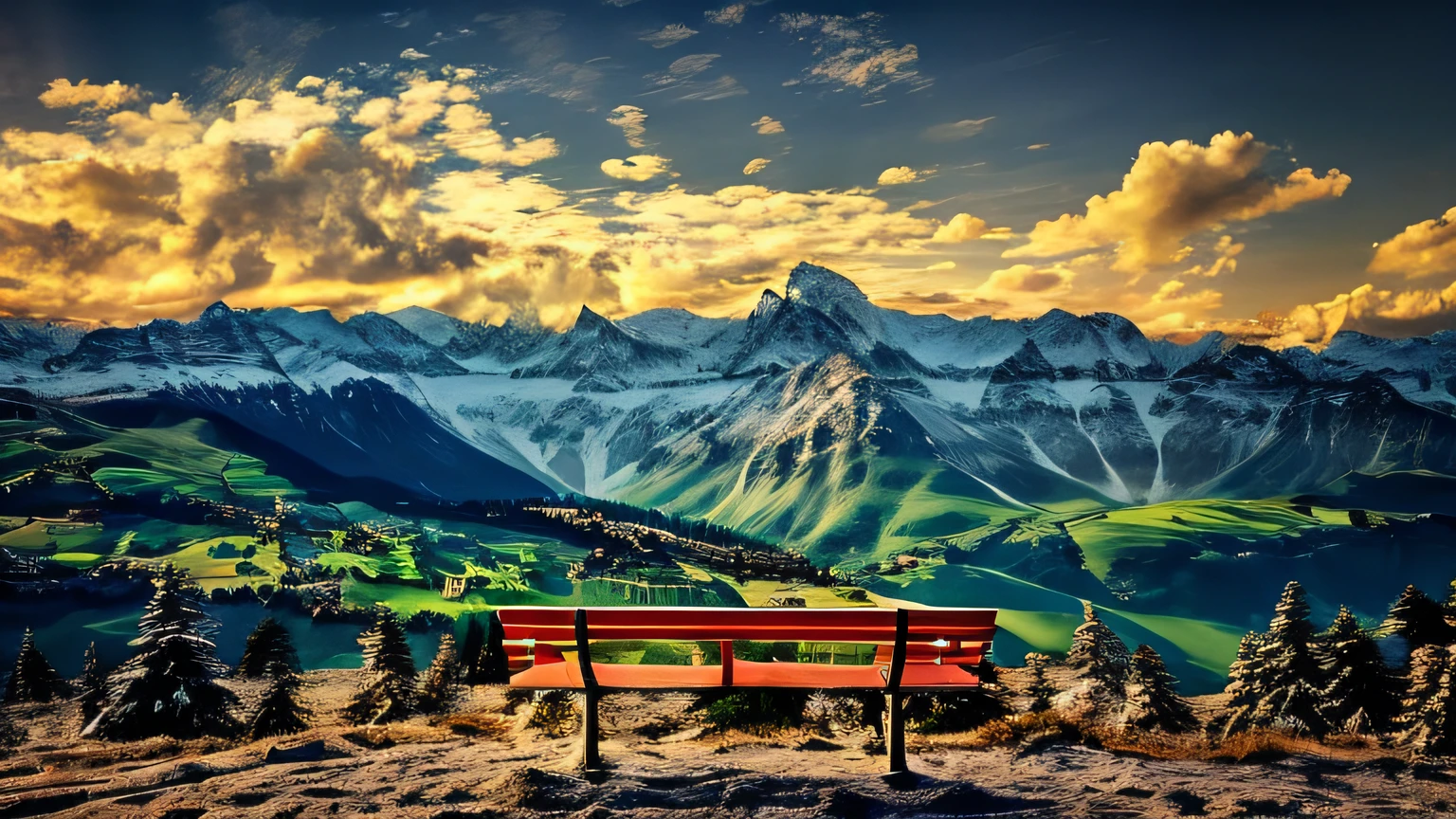 (Great view of the Alps),The Swiss valley stretches into the distance at the foot of the foot,Red parking bench on top of the hill,Surrounded by majestic peaks，Snowy in the distance，Beautiful at high resolution,Looking into the distance，A sense of beauty and tranquility。