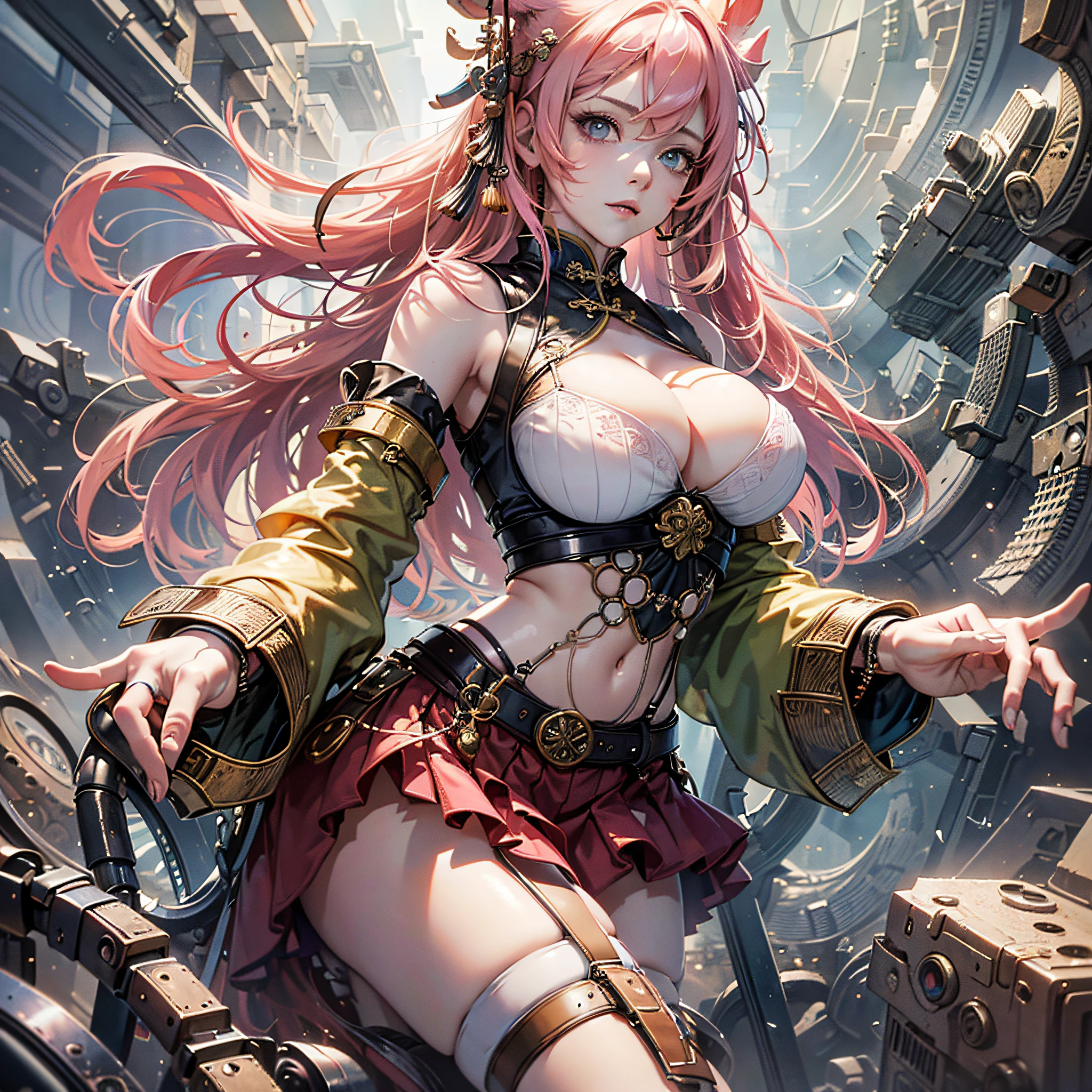 Official fine art,tmasterpiece,Sharp focus,(Beautiful gorgeous lovely Korean women:1.3),(beautiful lovely Korean people:1.3),(Sexy busty Korean:1.3),South Korean beauties,Delicate and beautiful hair and eyes and face,realisticlying,ultra - detailed,a beauty girl,blue-sky,Glowing white particles,(sidelighting:1.2),rays of sunshine,baiyun,Detailed clouds,Slender,Cute big breasts and big buttocks,Toothy laughter,((Laugh and open your eyes)),scenecy,Long straight hair, sexy facial expression, buliding, (cityscape:1.7), Dynamic hair, Long straight hair, Delicate platinum-pink hair, glow blue eyes, (blue pleated shirt+white skirt),Black suspender stockings, paleskin, hair adornments, epic landscapes,