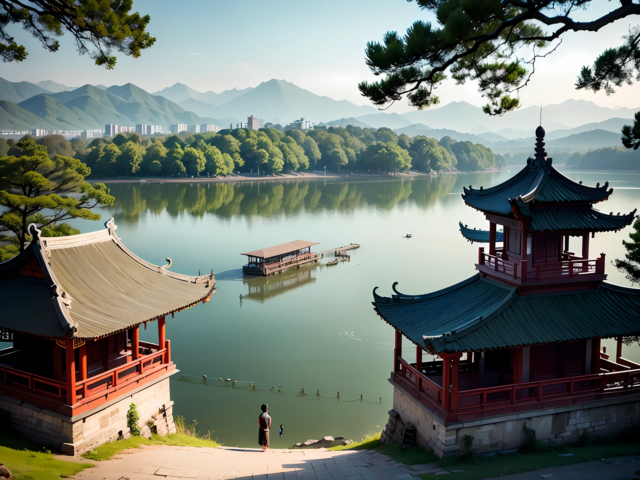 There is a large body of water,In the background is a building, Hangzhou, water temple, In Park,lakeside, inspired by Lu Zhi, within a lake, from the distance, Lake in the background, parks and lakes, temple in the distance, in the middle of a lake, Chinese landscape, author:Li Zai, view from the lake --auto
