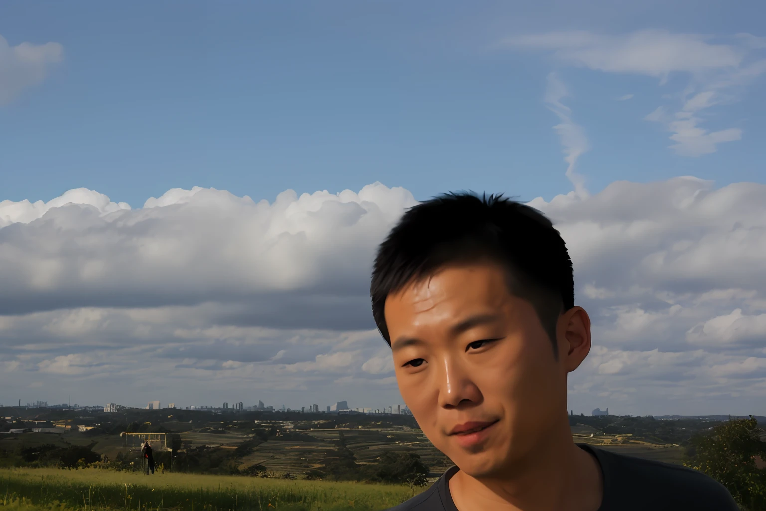 there is a man that is standing in the grass with a kite, Chen Zezhou, with the city as the background, looking at the distance, ruan jian, mingchen shen, steve zheng, landscape in background, clouds in the background, wideangle portrait, ryan jia, xiaoguang sun, Looking into the distance, wideangle portrait，anime big breast