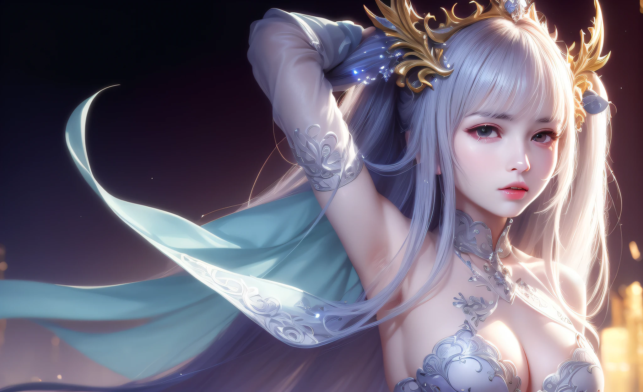 anime girl with long hair and silver dress posing in front of a city, 8K high quality detailed art, trending on cgstation, 4k highly detailed digital art, 2. 5 D CGI anime fantasy artwork, Smooth anime CG art, Fanart Meilleure ArtStation, 3 D rendering character art 8 K, a beautiful fantasy empress, Detailed digital anime art, Fantasy art style