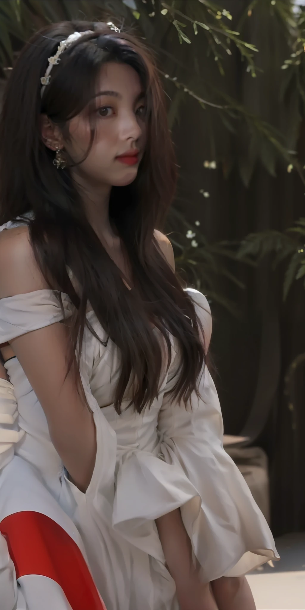 there is a woman that is standing next to a man, very very low quality picture, low quality photo, Zoom-out shot, close up half body shot, 非常详细, nico wearing a white dress, haze over the shoulder shot, looking her shoulder, soft and blurry, very very low quality, low quality photo, some zoomed in shots, very fuzzy