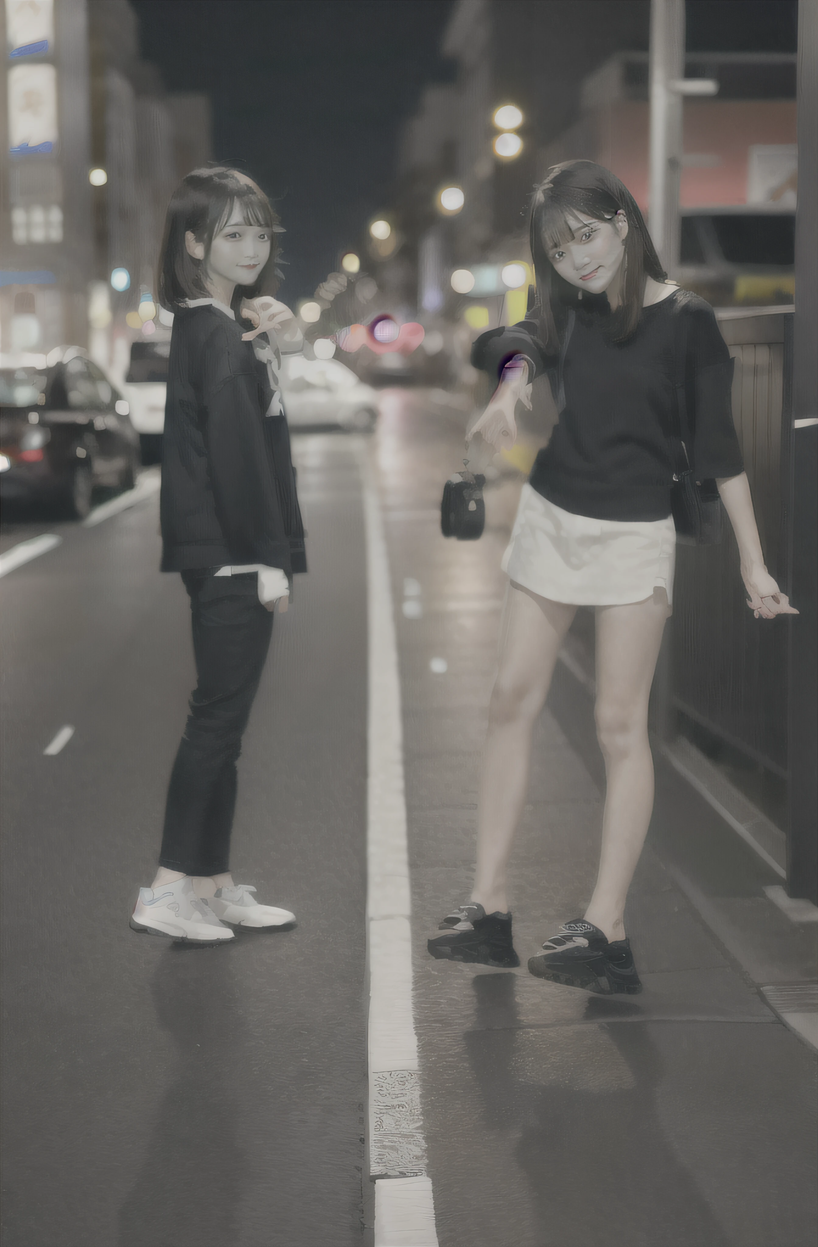 there are two women standing on the sidewalk pointing at something, taken with a canon eos 5 d, taken with a canon eos 5 d, taken with a canon eos 5d, Night Man々, Summer evening, girls resting, night photo, Two girls, on rooftop tokyo night, shot at night, taken with canon 8 0 d, in a tokyo street、realisitic、realisticlying、Well-formed face、Excellent style、beauty legs、light skinned