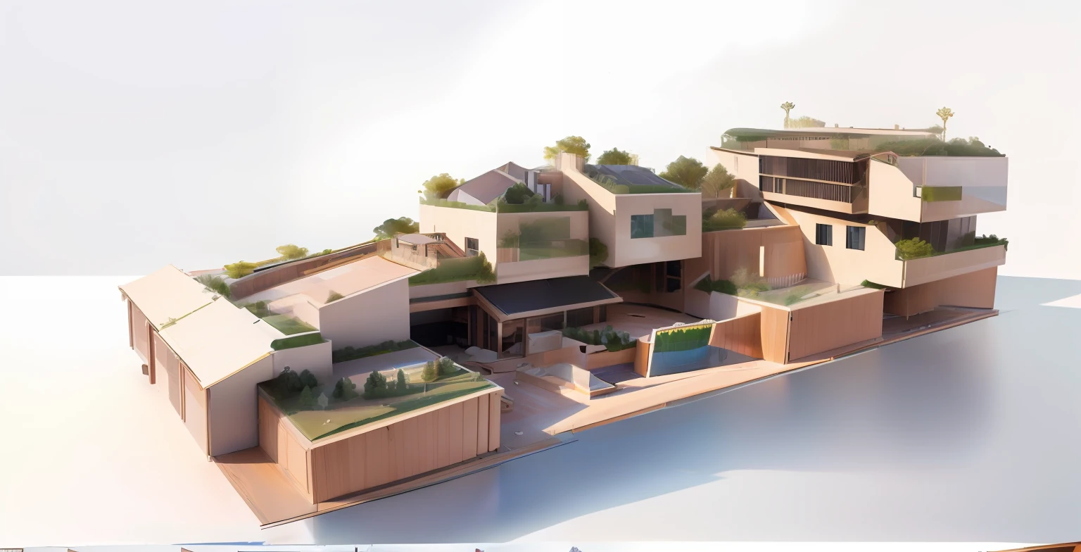 a rendering of a model of a house with a roof and a ramp, conceptual drawing, concept model, Sketch - up, Perspective view, architectural concepts, digital model, concept image, center model buildings, iso-distance view, 3/4 view, 3 / 4 view, architectural concept diagram, sloped site, conceito, up front view, concept design, section model,Community activity center