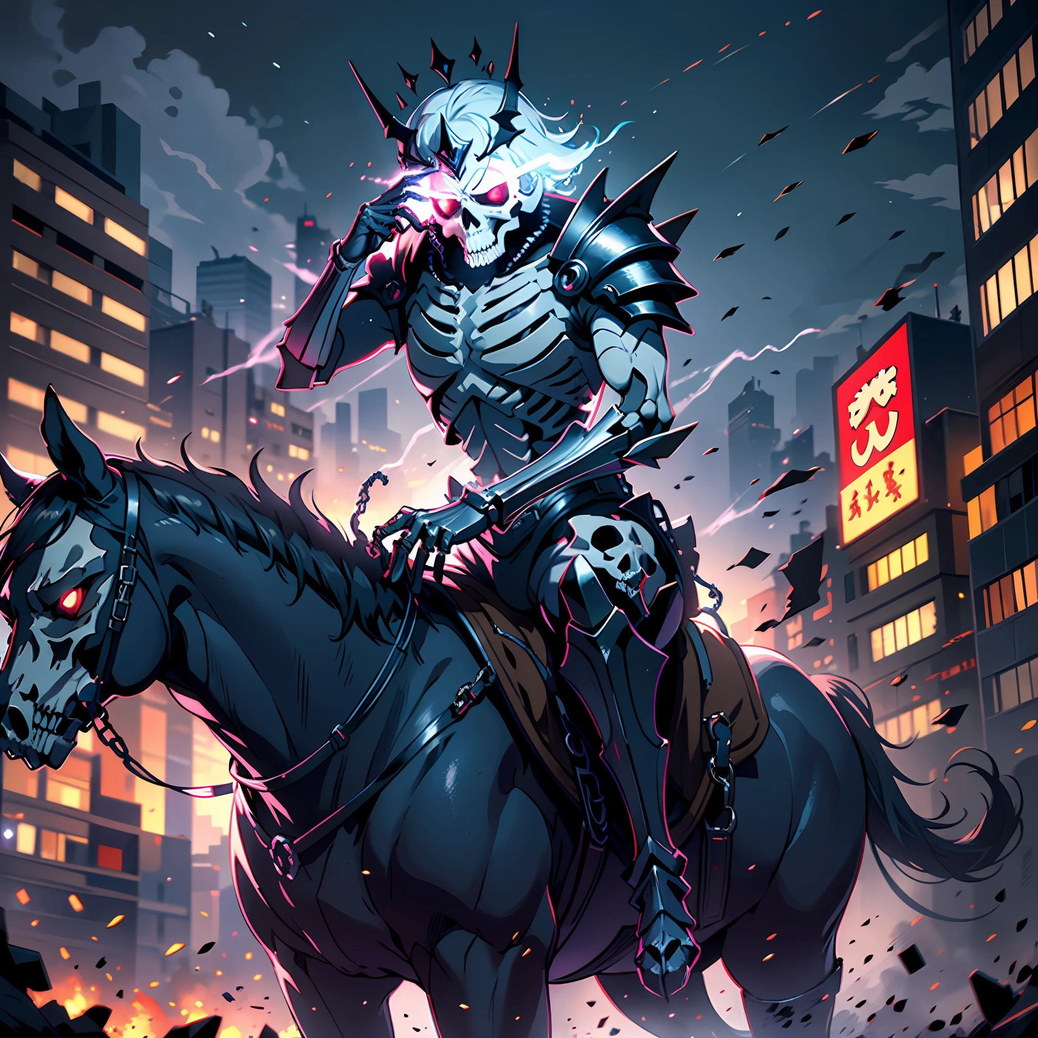 Anime humanoid monster,jet black armour,death knight,riding on a horse,king of the undead, skeleton,skull face,wearing a crown, cowboy shot, close up shot, creating a crack in reality, powerful aura, destroyed city,dark,night,8k,64k, HD, unparalleled masterpiece, dynamic lighting, cinematic, epic