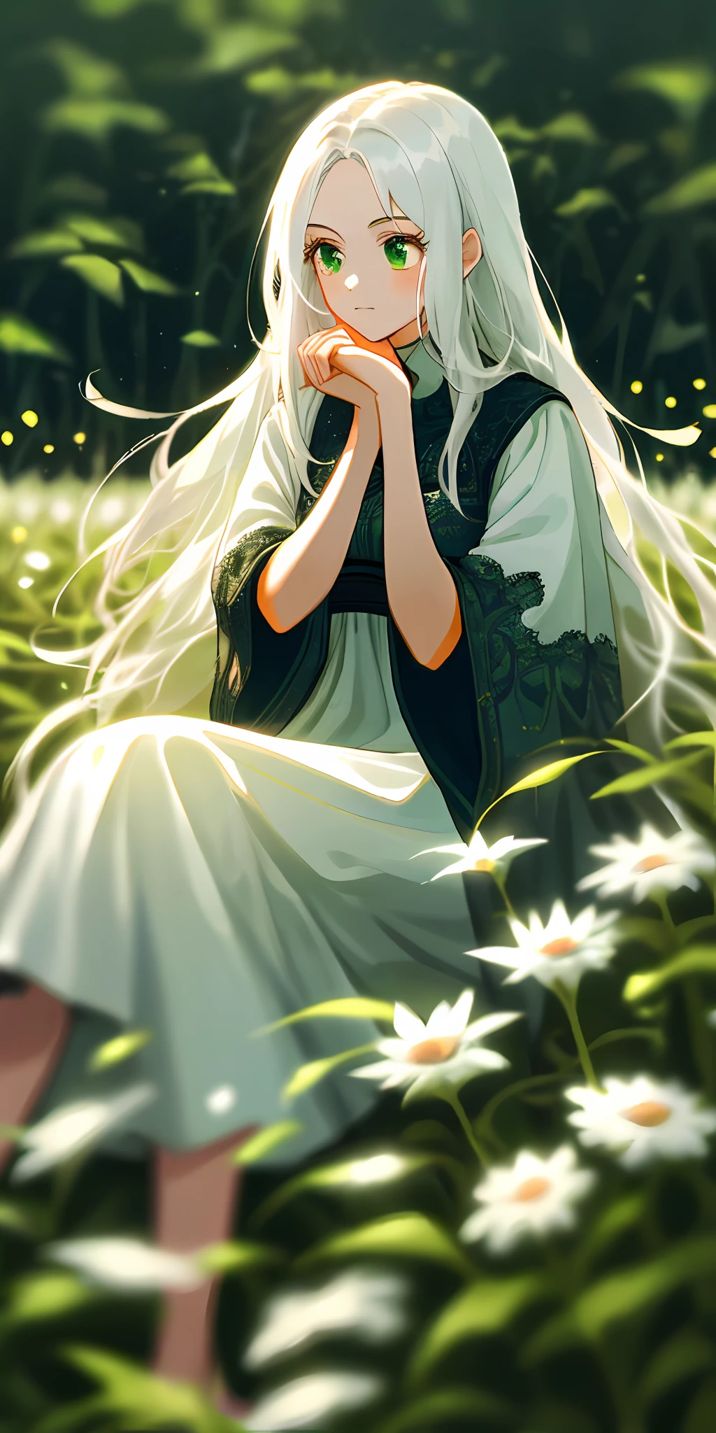 (masterpiece, best quality),1girl with long white hair sitting in a field of green plants and flowers, her hand under her chin, warm lighting, white dress, blurry foreground
