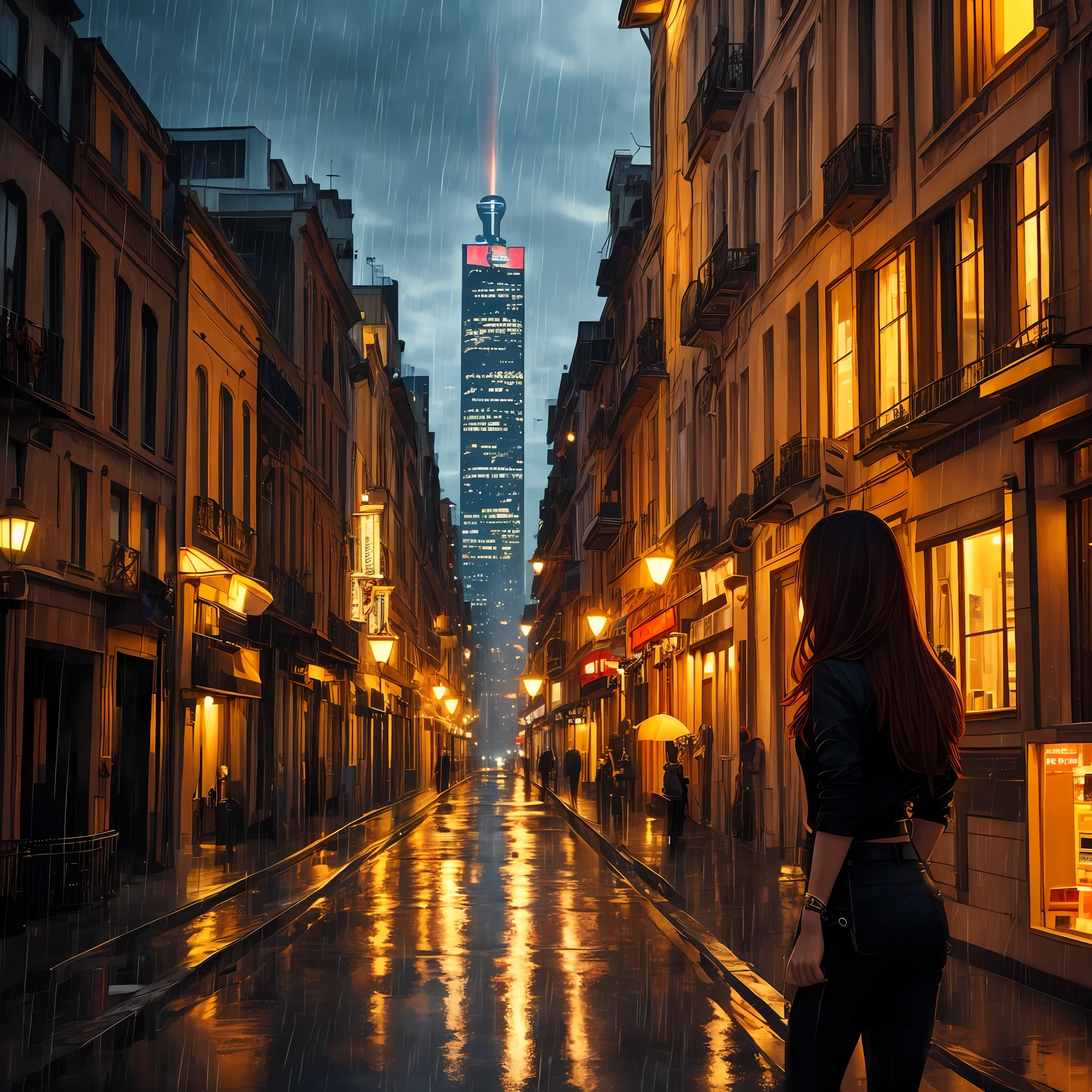 brunette color hair，Wear black clothes with red patterns or glow，Above the building，Firearms，Rained，The wind blows the hair，City vistas，Light，nigth --auto