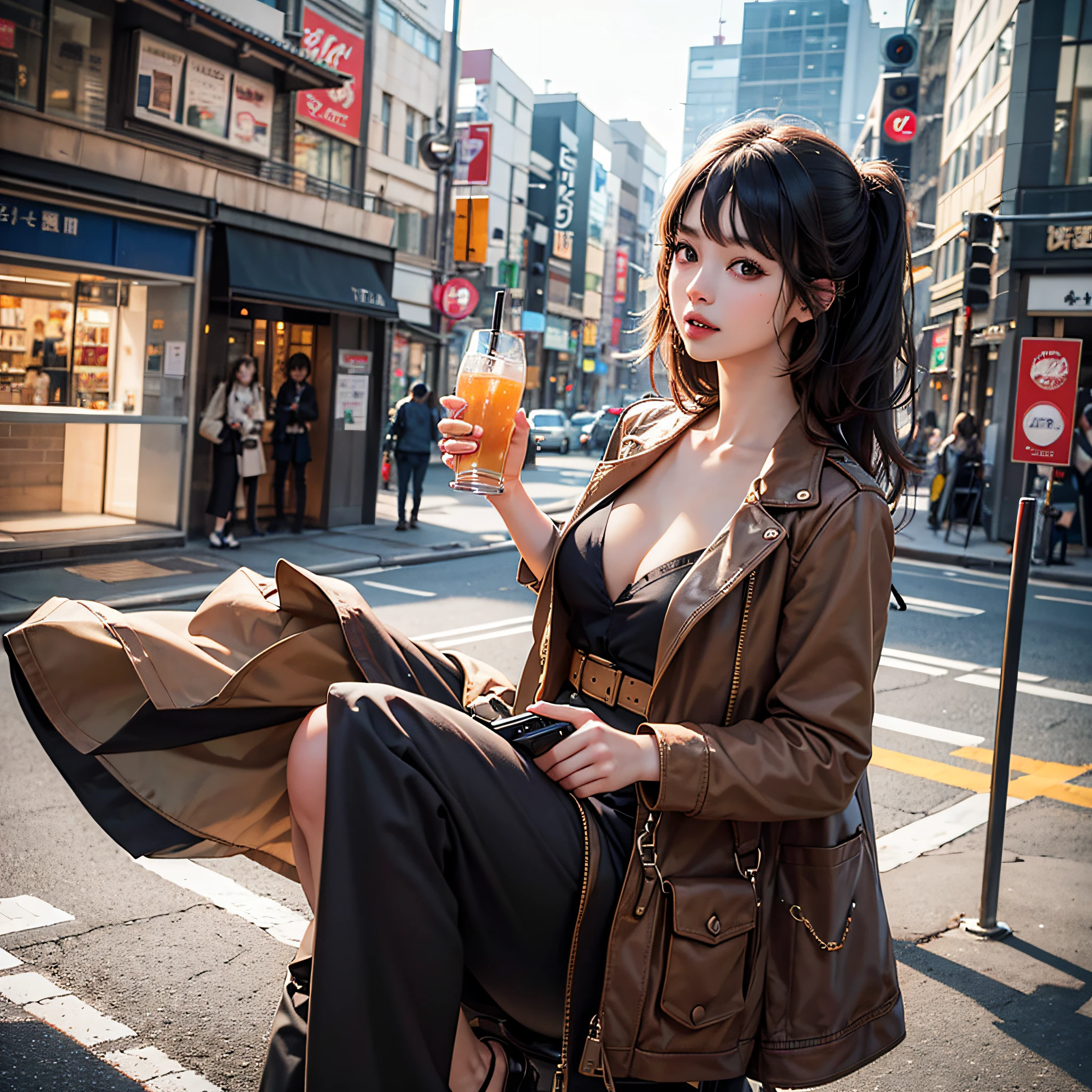 ​masterpiece、beste-Qualit、Super-High Resolution、High detailed portrait、(photographrealistic:1.4)、(((1girl in)))、Dasai Fashion、Beautiful Chi girl with ragged hair、Add straw、Hallyu idol、Holding a drink in your hands、Show your teeth、Cowboy style、Wild、Omotesando main street、In front of the high-brand shop window、