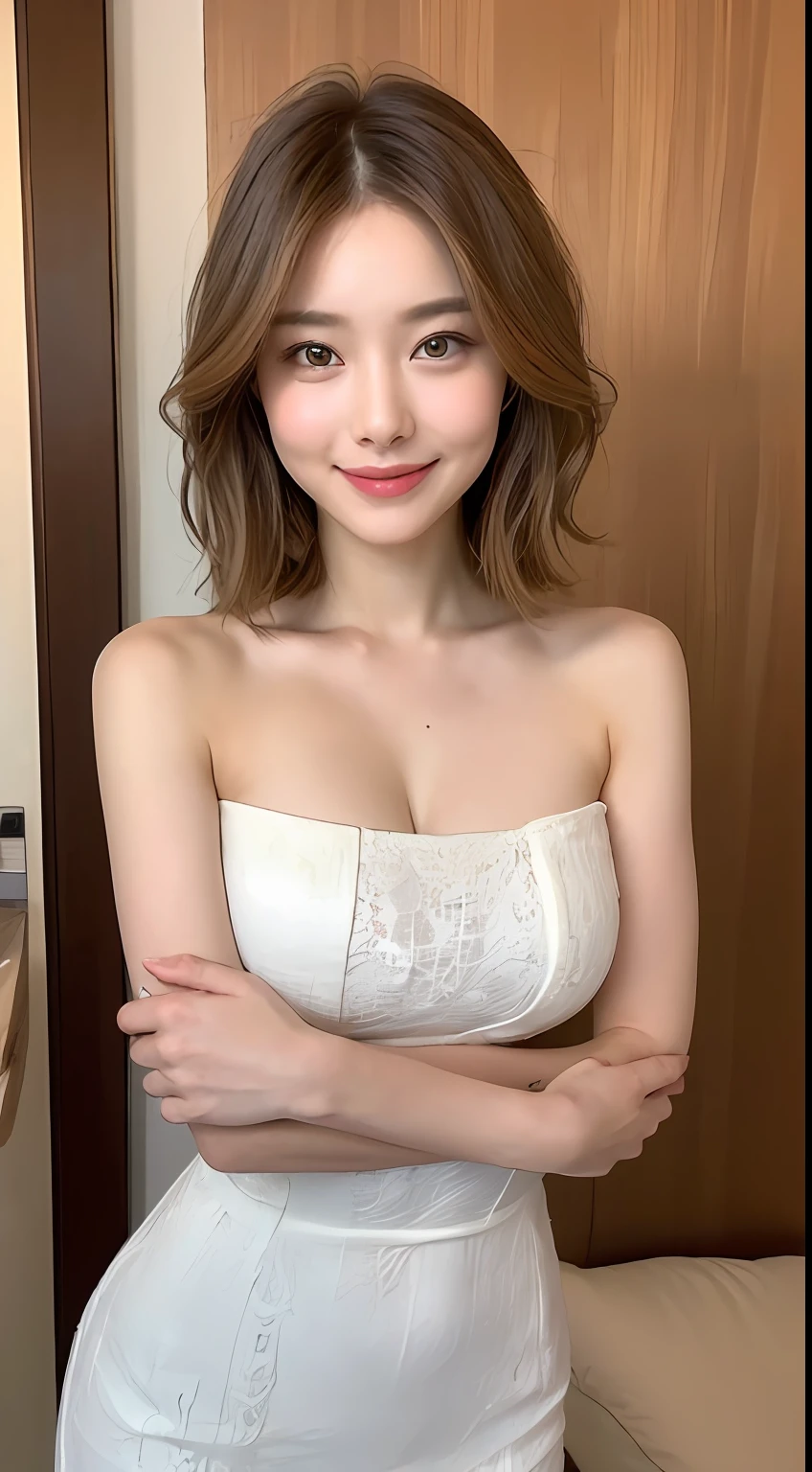 ((Best Quality, 8K, Masterpiece: 1.3)), 1girl, Slim Abs Beauty: 1.3, (Hairstyle Casual, Big Breasts: 1.2), Dress: 1.1, Super Fine Face, Delicate Eyes, Double Eyelids, Smile, Home