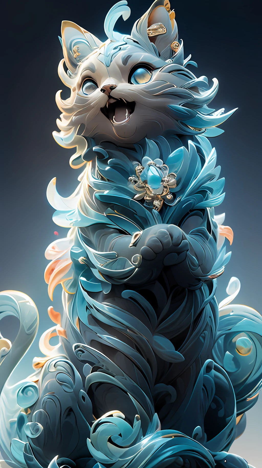 in the shape of a cat，Bling background，Dreamy colors，Transparent statue，florals，Big eyes，blue colors，Colorful colors，Open-mouthed，laughingly，tmasterpiece，（best qualtiy：1.3）， full bodyesbian，Ling_Long