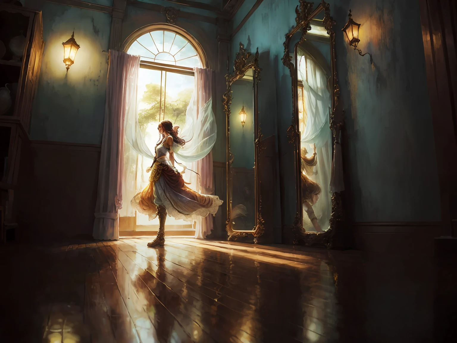 ((melhor qualidade)), ((obra-prima)), (detalhado), fada sem rosto, ethereal beauty, flutuando numa sala fechada com espelhos, (Fantasy Illustration: 1.3), pose cativante, asas delicadas, charme sobrenatural, luz vinda de cima (Luis Royo:1.2), (Yoshitaka Amano:1.1), fluorescent lighting, cores suaves, (quarto fechado com espelhos:1.3), (alta resolução:1.2)