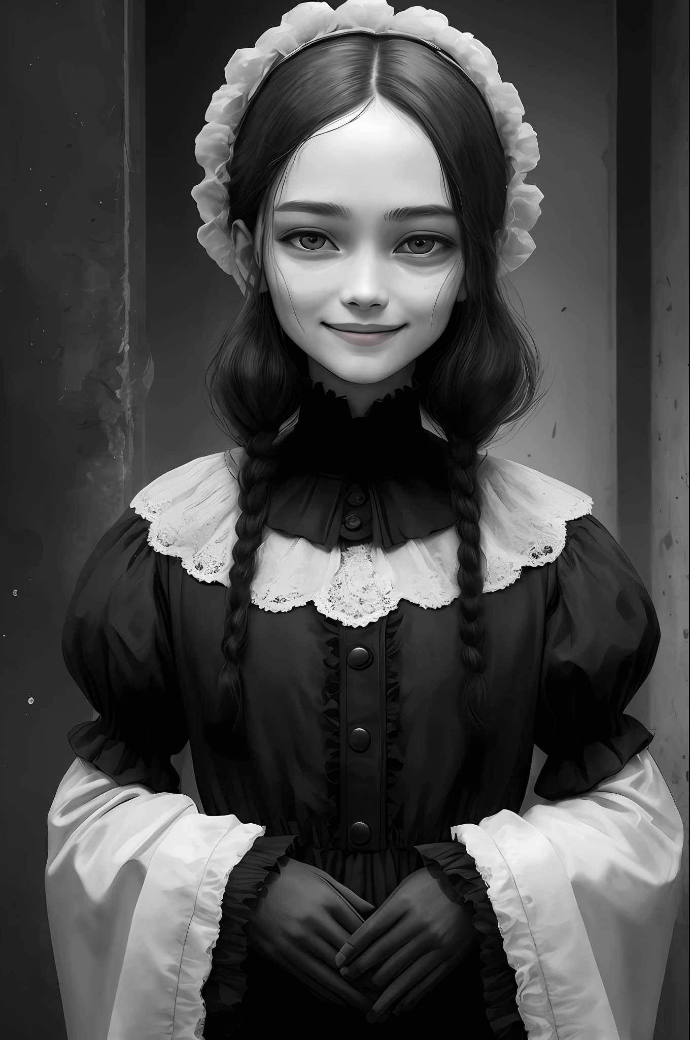 Black and white impermanence,Real Human,Tech Style,On the background there is a mourning girl smoky with a smile and contemptuous eyes