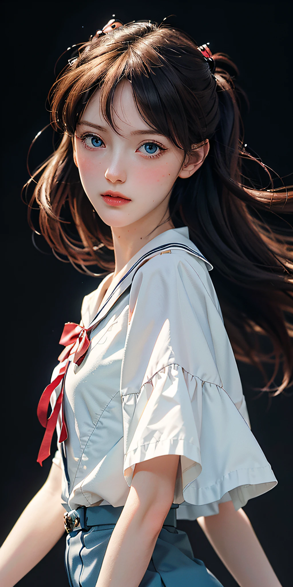 (((realistic))) photo, masterpiece, highest quality, 1girl, slender waist, best quality, pale skin, sailor moon, black background, (detailed face and eyes:1.1), smug, blush, ((shy)), extremely delicate and beautiful girl, dynamic pose, (to8contrast style),