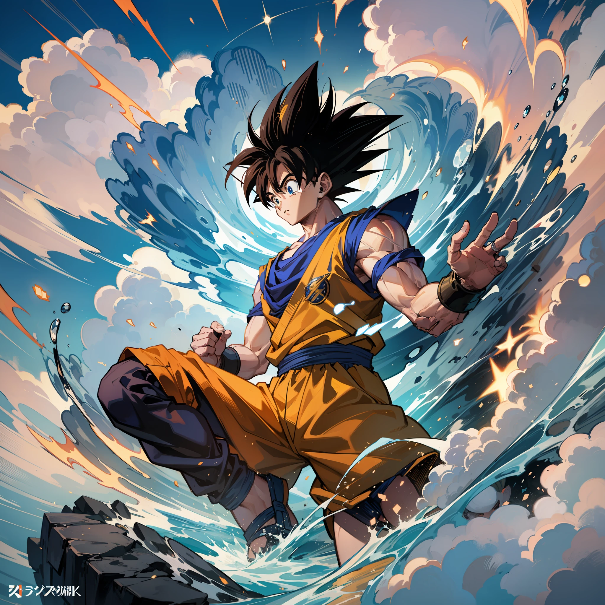 Dragon Ball,son goku,Super Saiyan Blue,The picture is imposing,The sky and sea of clouds mingle,Goku hands kamehameha,。tmasterpiece。The best graphics in 8K。