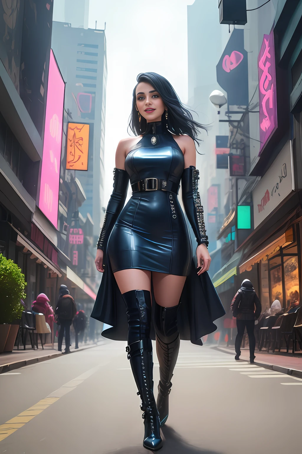 woman in black leather dress and boots walking down a city street, cyberpunk style outfit, cyberpunk dress, cyberpunk outfit, beautiful cyberpunk cuban woman model, cyberpunk outfits, cyberpunk gorgeous goddess, cyberpunk fashion clothing, blue and black cyberpunk clothes, hyper-realistic cyberpunk style, a cyberpunk portrait photo of a guatemalan woman smiling, (futuristic folk dress), pronounced feminine feature, insane details, intricate details, hyperdetailed, complex background, futuristic city